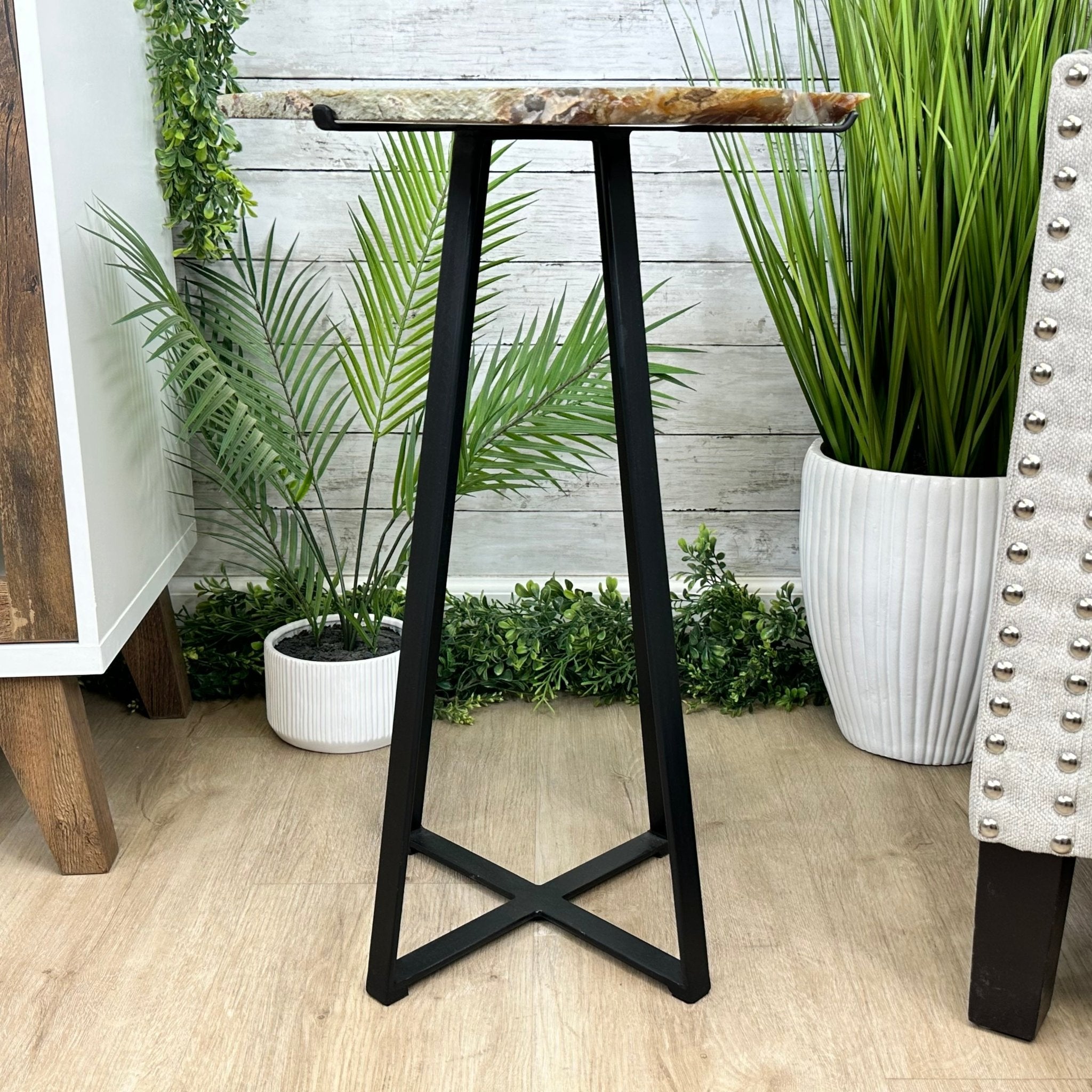 Natural Brazilian Agate Side Table, single slice on a black metal base, 24.25" tall #1307-0022 by Brazil Gems - Brazil GemsBrazil GemsNatural Brazilian Agate Side Table, single slice on a black metal base, 24.25" tall #1307-0022 by Brazil GemsTables: Side1307-0022