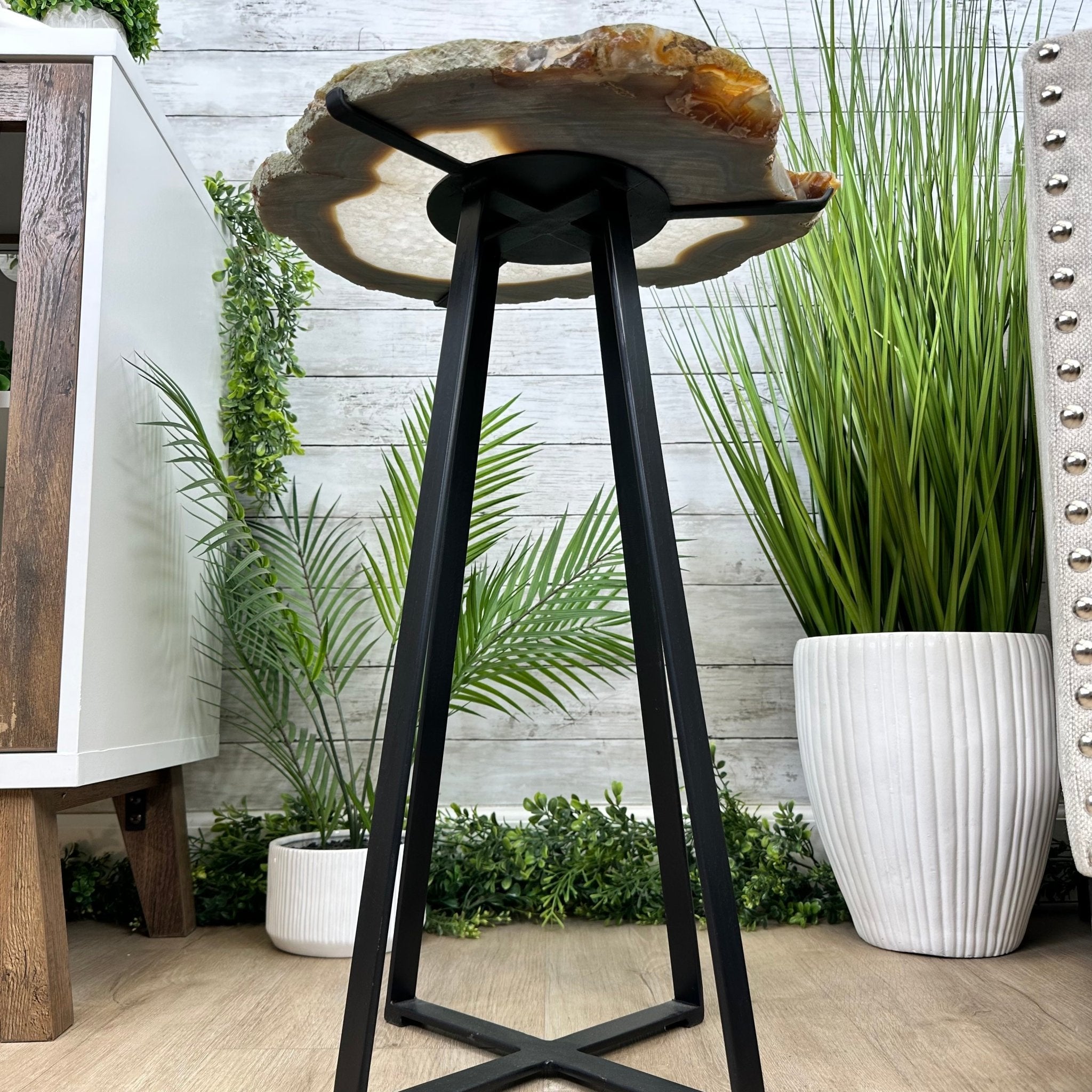 Natural Brazilian Agate Side Table, single slice on a black metal base, 24.25" tall #1307-0022 by Brazil Gems - Brazil GemsBrazil GemsNatural Brazilian Agate Side Table, single slice on a black metal base, 24.25" tall #1307-0022 by Brazil GemsTables: Side1307-0022