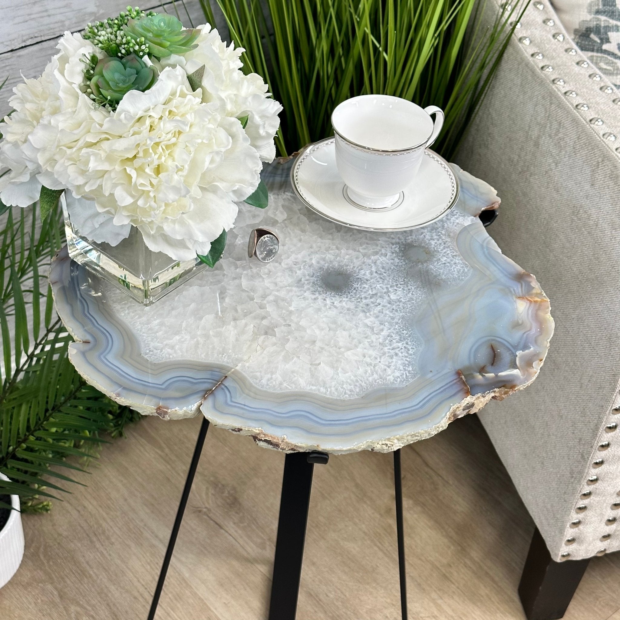 Natural Brazilian Agate Side Table, single slice on a black metal base, 24.25" tall #1307-0022 by Brazil Gems - Brazil GemsBrazil GemsNatural Brazilian Agate Side Table, single slice on a black metal base, 24.25" tall #1307-0022 by Brazil GemsTables: Side1307-0022