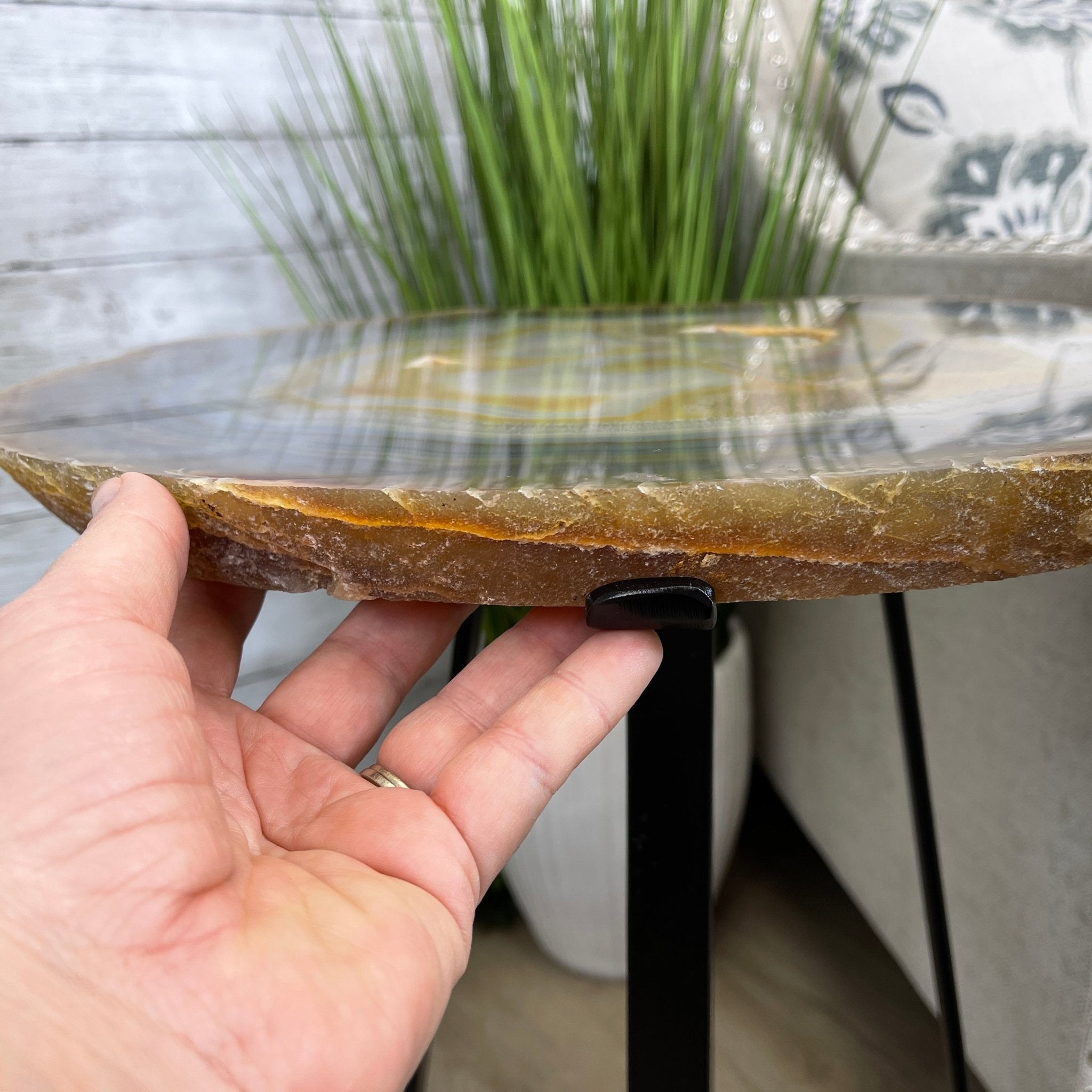 Natural Brazilian Agate Side Table, single slice on a black metal base, 24.5" tall #1306-0033 by Brazil Gems - Brazil GemsBrazil GemsNatural Brazilian Agate Side Table, single slice on a black metal base, 24.5" tall #1306-0033 by Brazil GemsTables: Side1306-0033