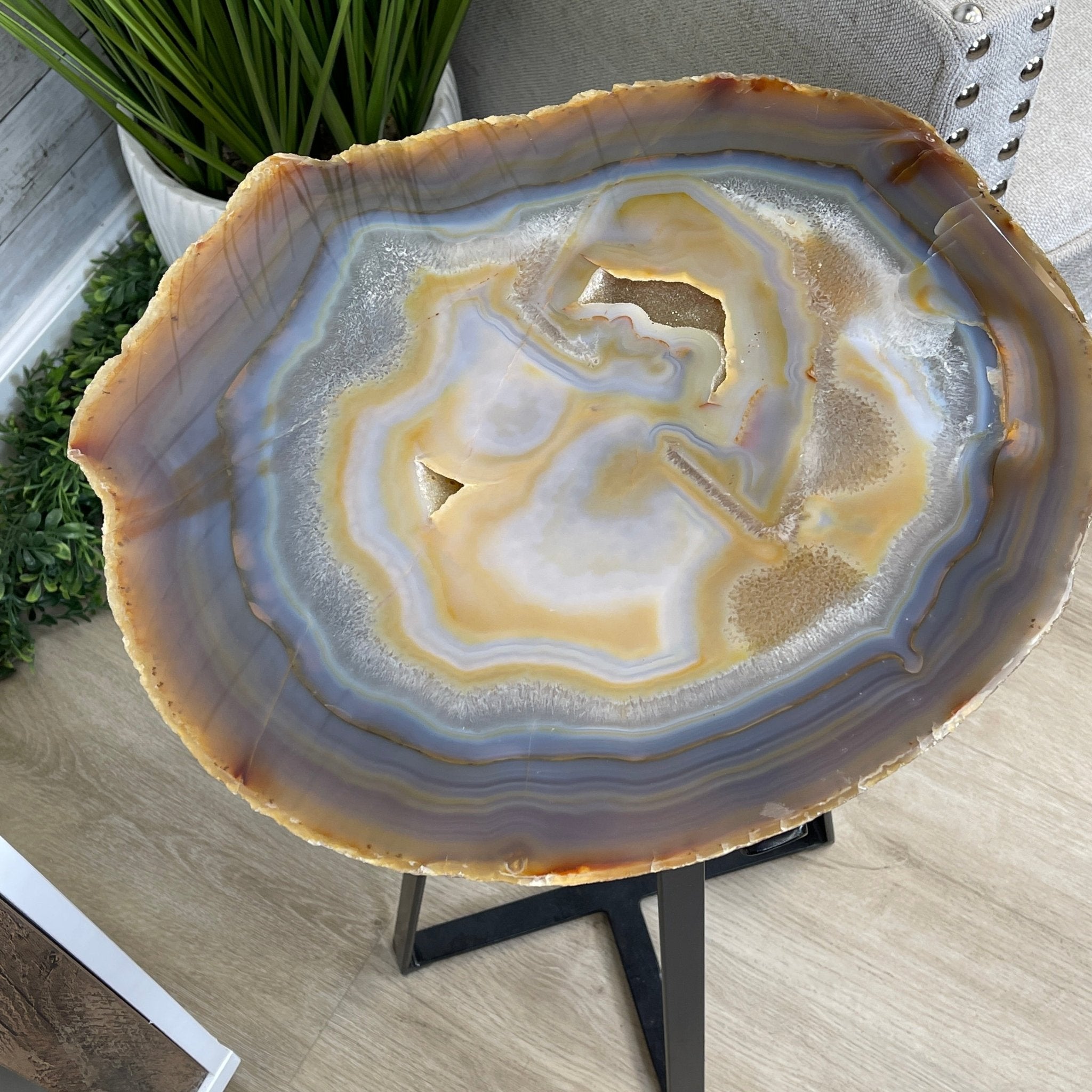Natural Brazilian Agate Side Table, single slice on a black metal base, 24.5" tall #1306-0033 by Brazil Gems - Brazil GemsBrazil GemsNatural Brazilian Agate Side Table, single slice on a black metal base, 24.5" tall #1306-0033 by Brazil GemsTables: Side1306-0033
