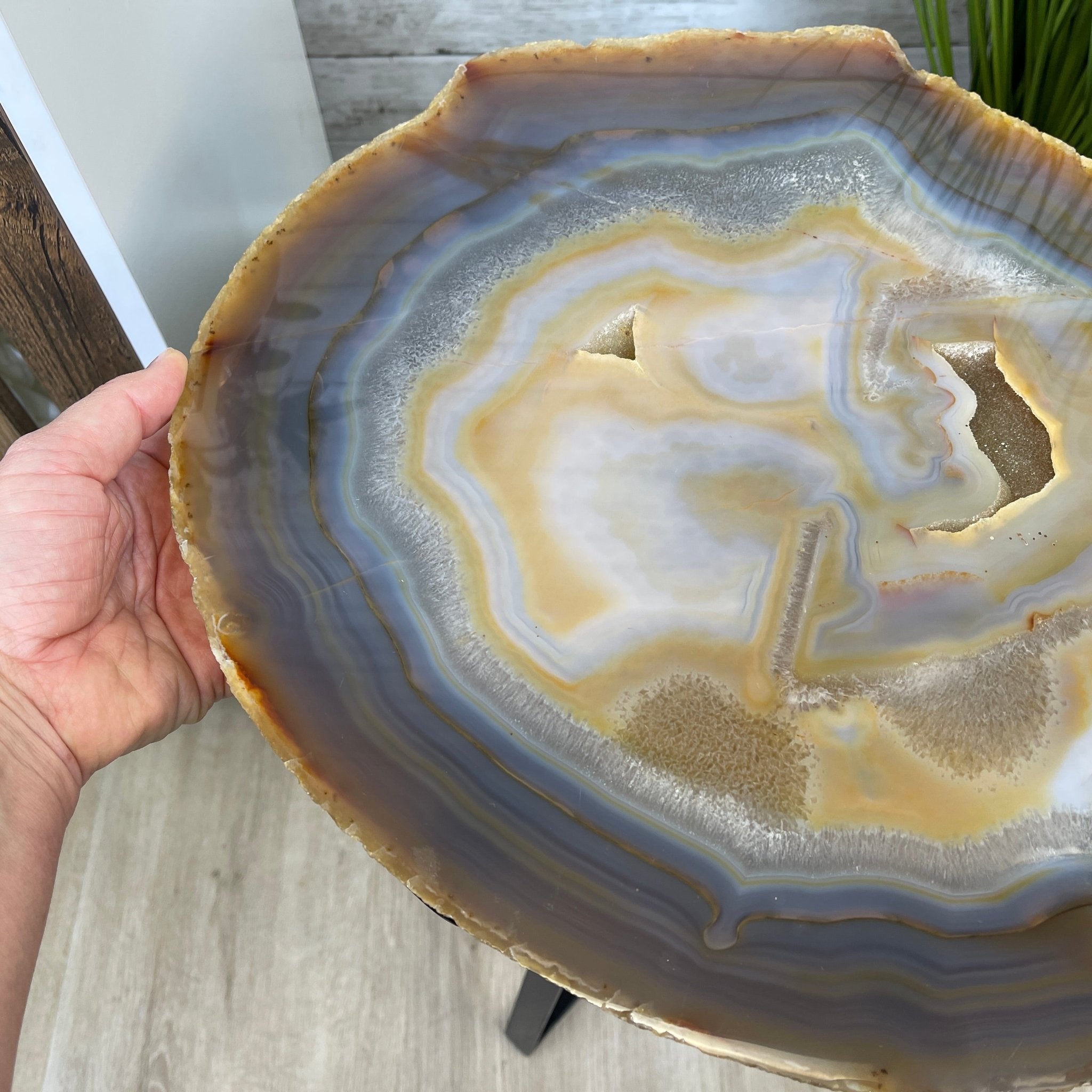 Natural Brazilian Agate Side Table, single slice on a black metal base, 24.5" tall #1306-0033 by Brazil Gems - Brazil GemsBrazil GemsNatural Brazilian Agate Side Table, single slice on a black metal base, 24.5" tall #1306-0033 by Brazil GemsTables: Side1306-0033