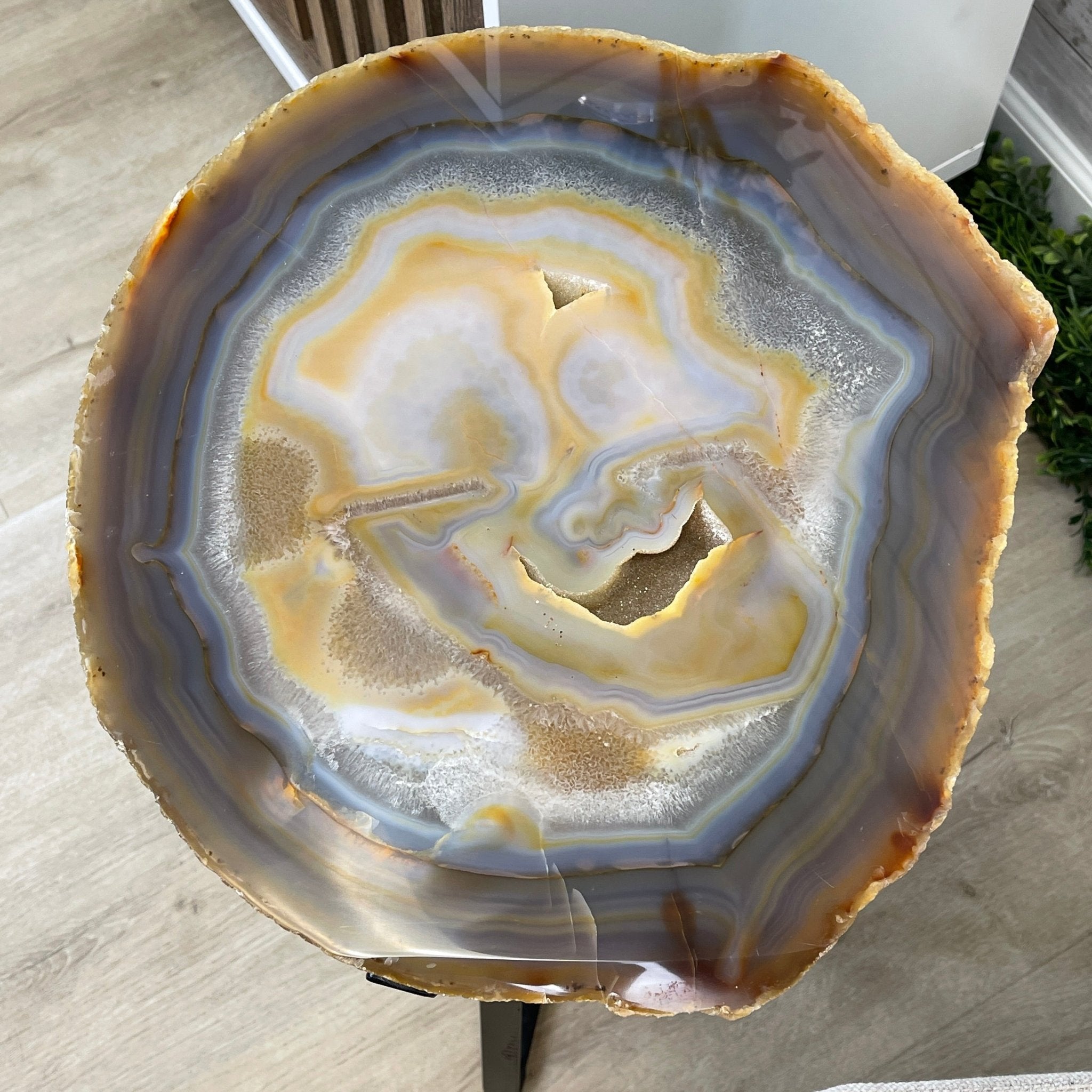 Natural Brazilian Agate Side Table, single slice on a black metal base, 24.5" tall #1306-0033 by Brazil Gems - Brazil GemsBrazil GemsNatural Brazilian Agate Side Table, single slice on a black metal base, 24.5" tall #1306-0033 by Brazil GemsTables: Side1306-0033