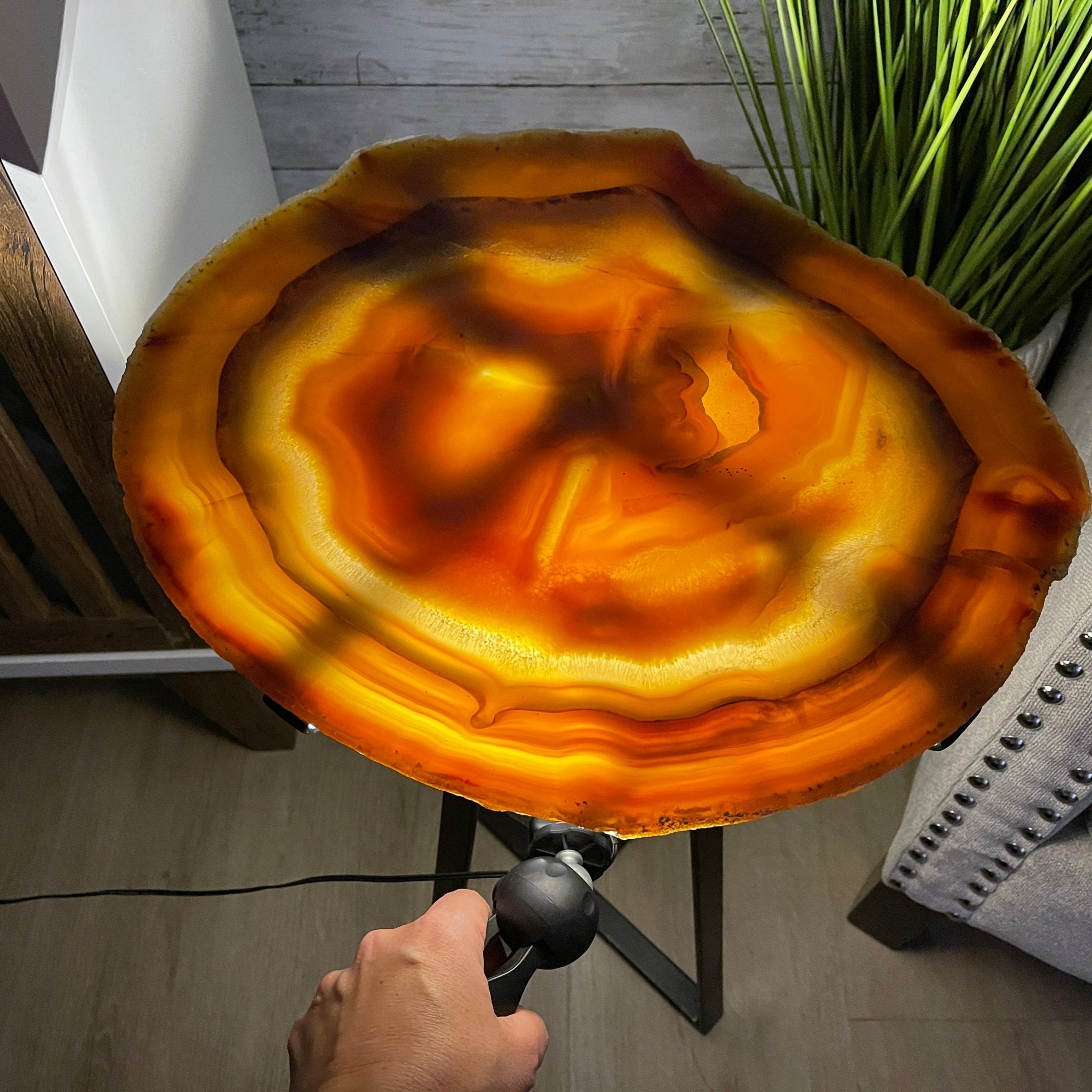 Natural Brazilian Agate Side Table, single slice on a black metal base, 24.5" tall #1306-0033 by Brazil Gems - Brazil GemsBrazil GemsNatural Brazilian Agate Side Table, single slice on a black metal base, 24.5" tall #1306-0033 by Brazil GemsTables: Side1306-0033