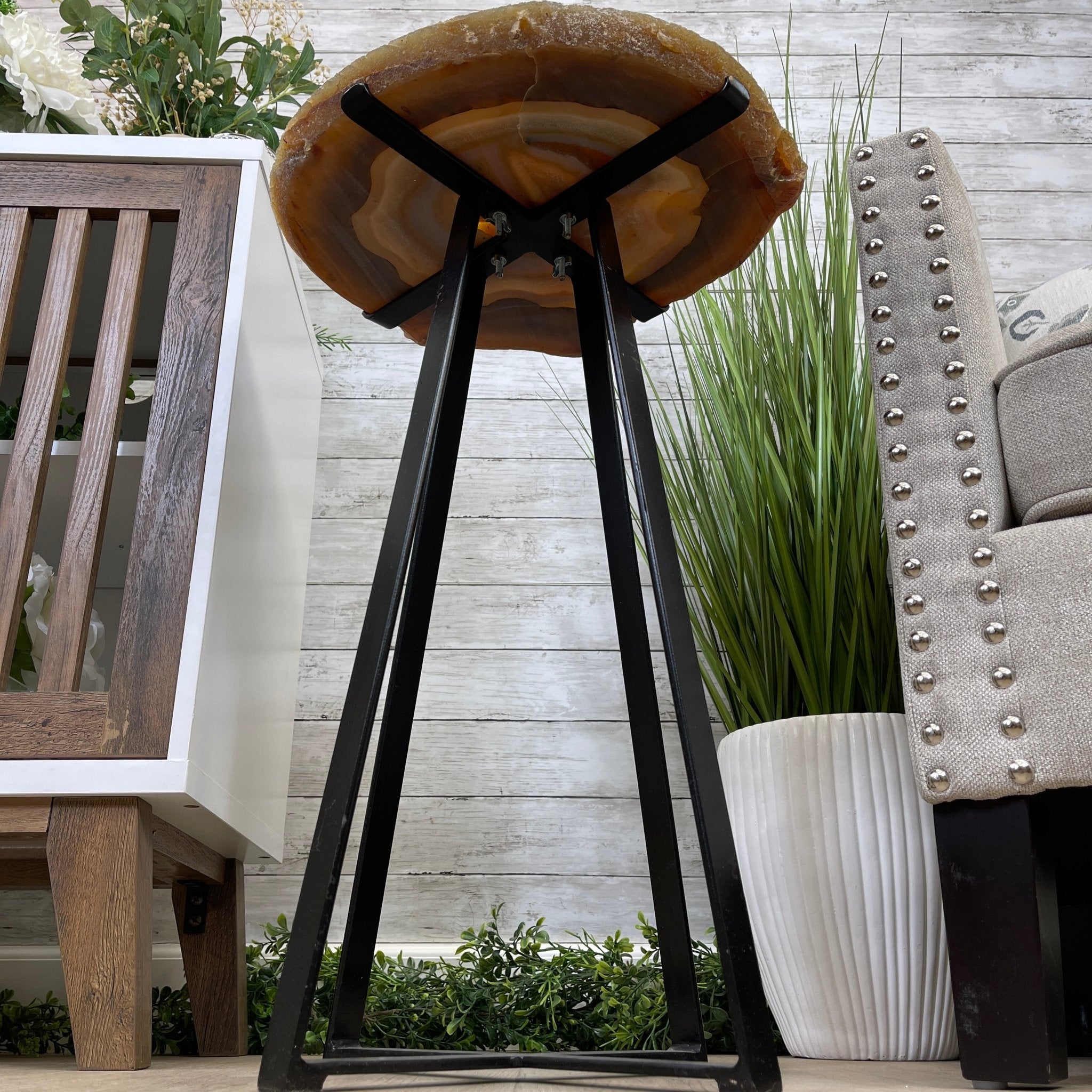 Natural Brazilian Agate Side Table, single slice on a black metal base, 24.5" tall #1306-0033 by Brazil Gems - Brazil GemsBrazil GemsNatural Brazilian Agate Side Table, single slice on a black metal base, 24.5" tall #1306-0033 by Brazil GemsTables: Side1306-0033