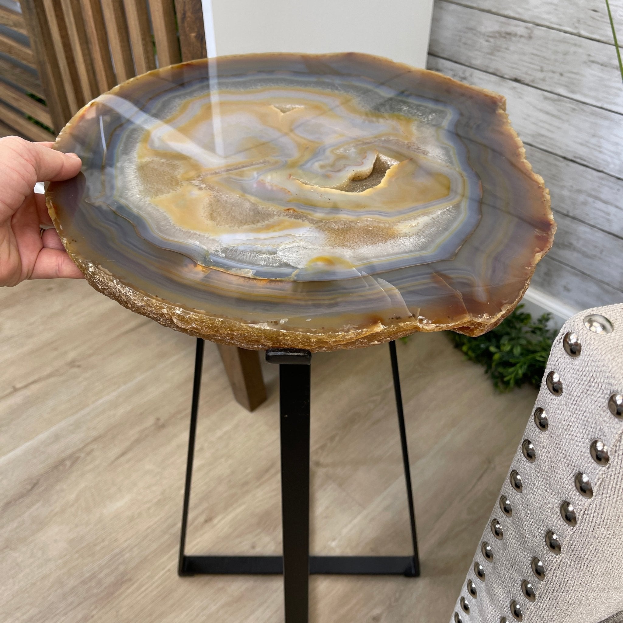Natural Brazilian Agate Side Table, single slice on a black metal base, 24.5" tall #1306-0033 by Brazil Gems - Brazil GemsBrazil GemsNatural Brazilian Agate Side Table, single slice on a black metal base, 24.5" tall #1306-0033 by Brazil GemsTables: Side1306-0033