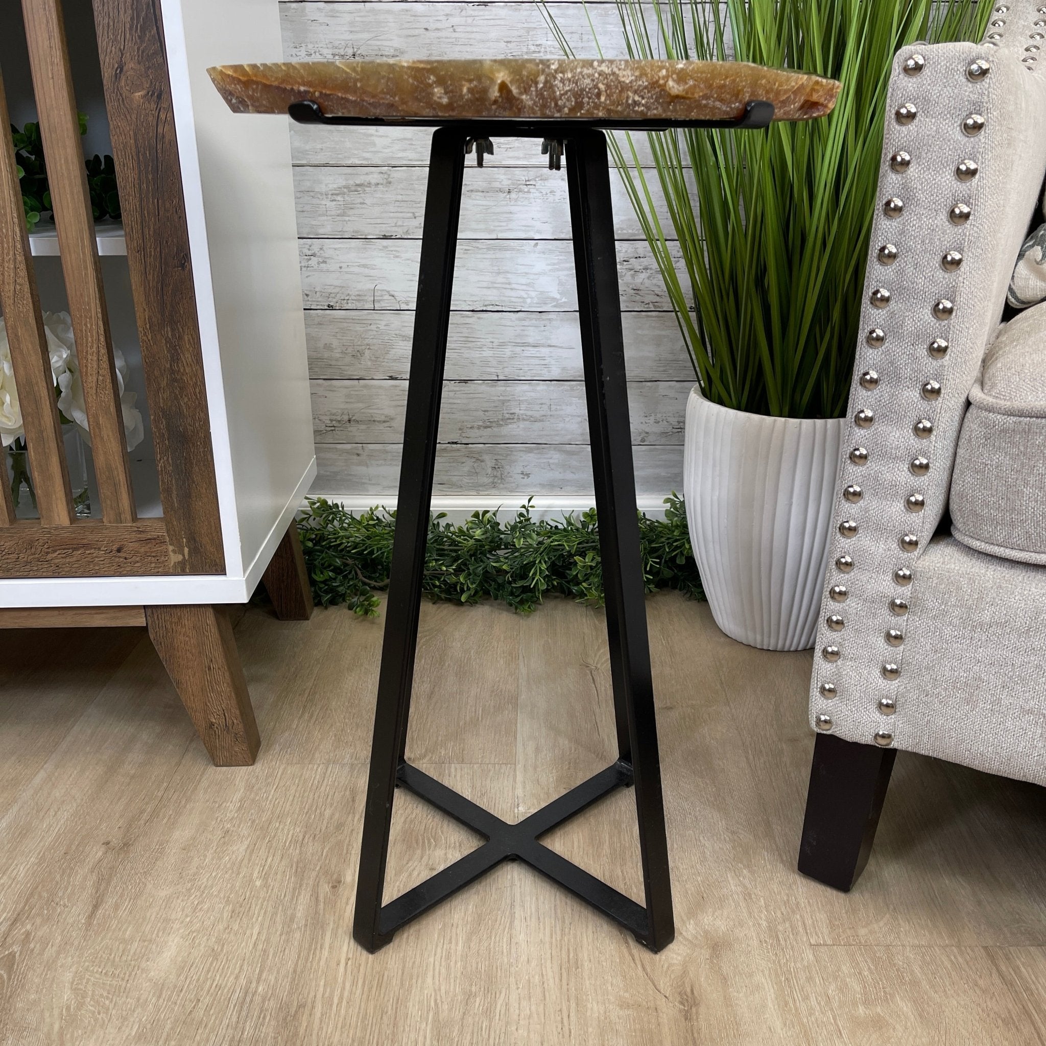 Natural Brazilian Agate Side Table, single slice on a black metal base, 24.5" tall #1306-0033 by Brazil Gems - Brazil GemsBrazil GemsNatural Brazilian Agate Side Table, single slice on a black metal base, 24.5" tall #1306-0033 by Brazil GemsTables: Side1306-0033