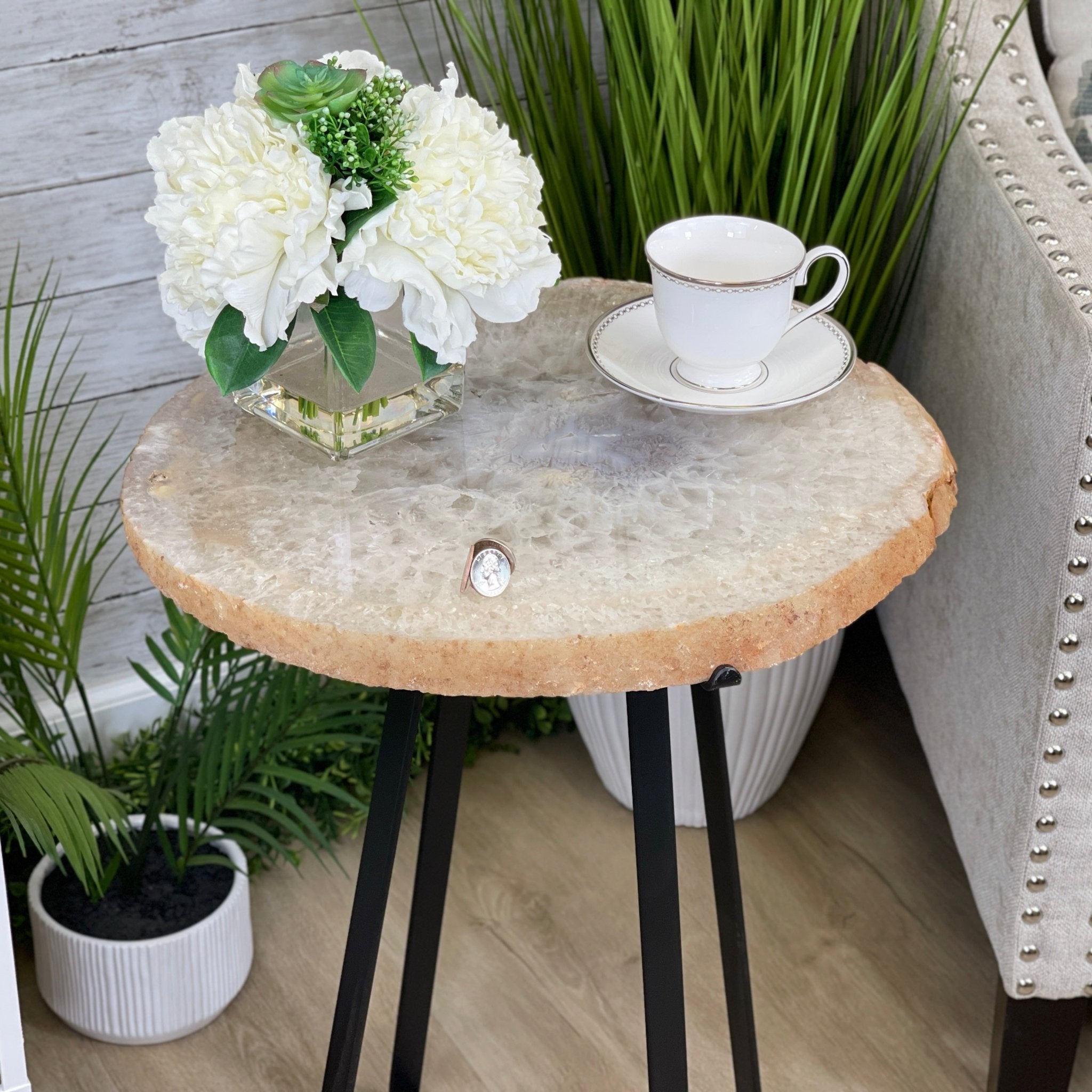 Natural Brazilian Agate Side Table, single slice on a black metal base, 24.75" tall #1307-0018 by Brazil Gems - Brazil GemsBrazil GemsNatural Brazilian Agate Side Table, single slice on a black metal base, 24.75" tall #1307-0018 by Brazil GemsTables: Side1307-0018