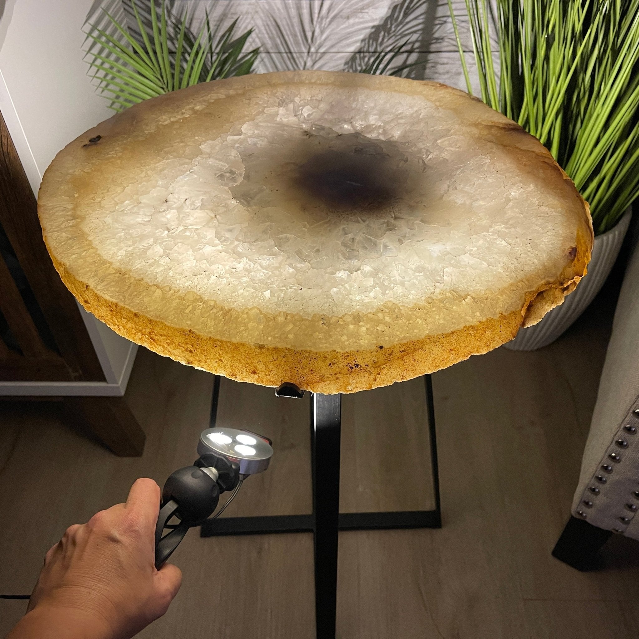 Natural Brazilian Agate Side Table, single slice on a black metal base, 24.75" tall #1307-0018 by Brazil Gems - Brazil GemsBrazil GemsNatural Brazilian Agate Side Table, single slice on a black metal base, 24.75" tall #1307-0018 by Brazil GemsTables: Side1307-0018