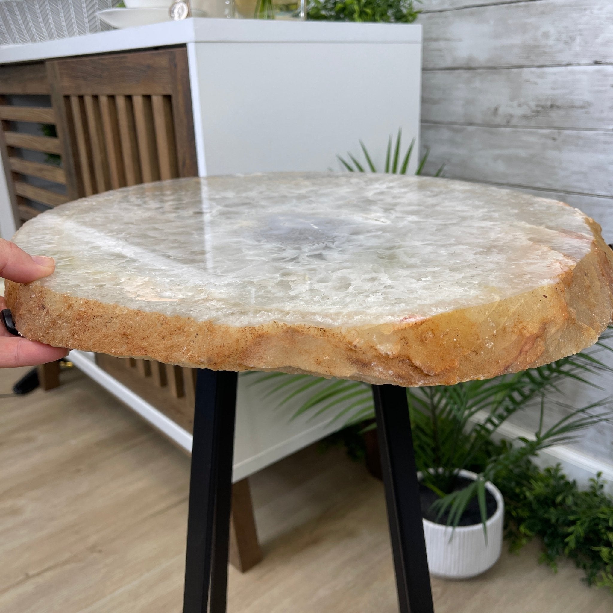 Natural Brazilian Agate Side Table, single slice on a black metal base, 24.75" tall #1307-0018 by Brazil Gems - Brazil GemsBrazil GemsNatural Brazilian Agate Side Table, single slice on a black metal base, 24.75" tall #1307-0018 by Brazil GemsTables: Side1307-0018