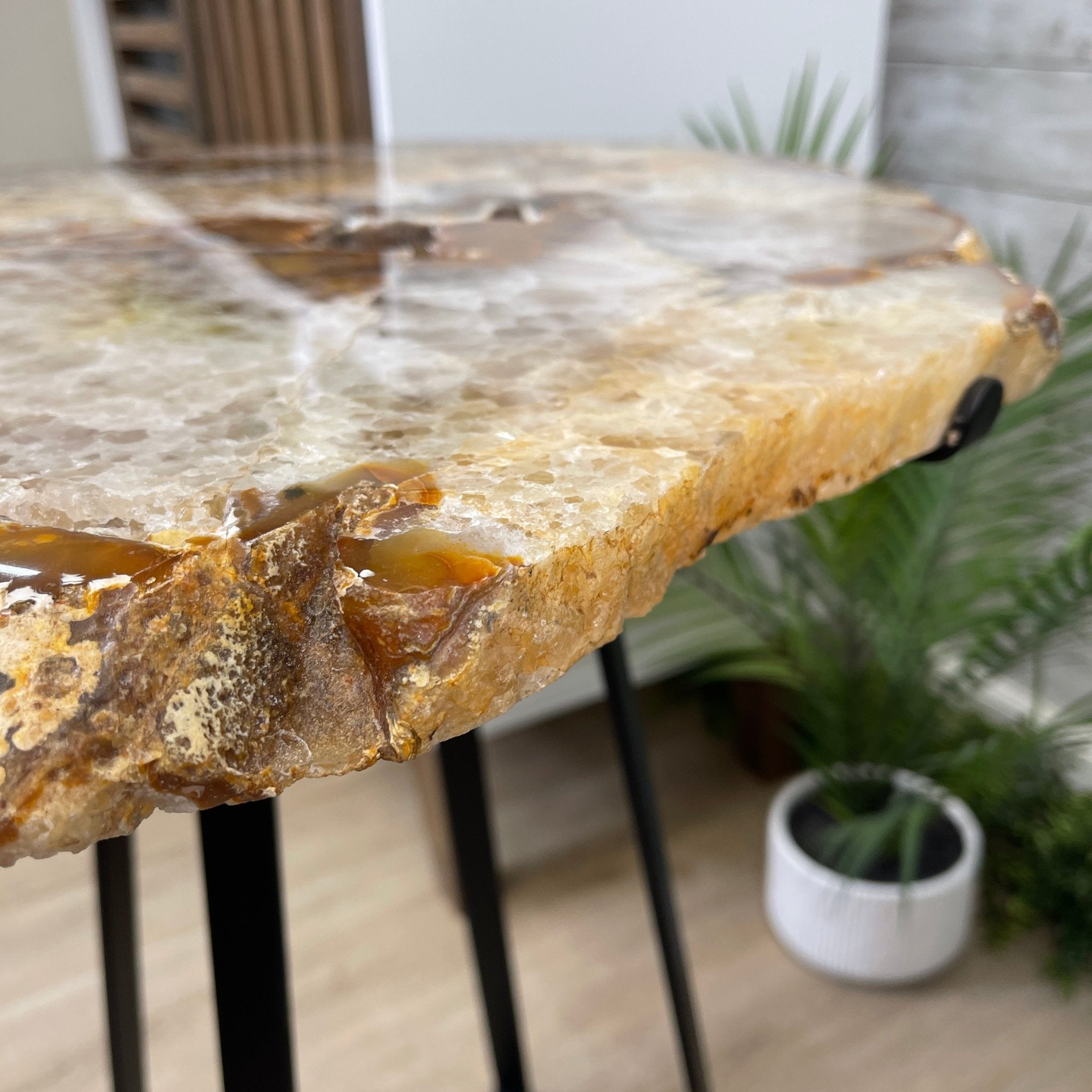 Natural Brazilian Agate Side Table, single slice on a black metal base, 24.75" tall #1307-0020 by Brazil Gems - Brazil GemsBrazil GemsNatural Brazilian Agate Side Table, single slice on a black metal base, 24.75" tall #1307-0020 by Brazil GemsTables: Side1307-0020