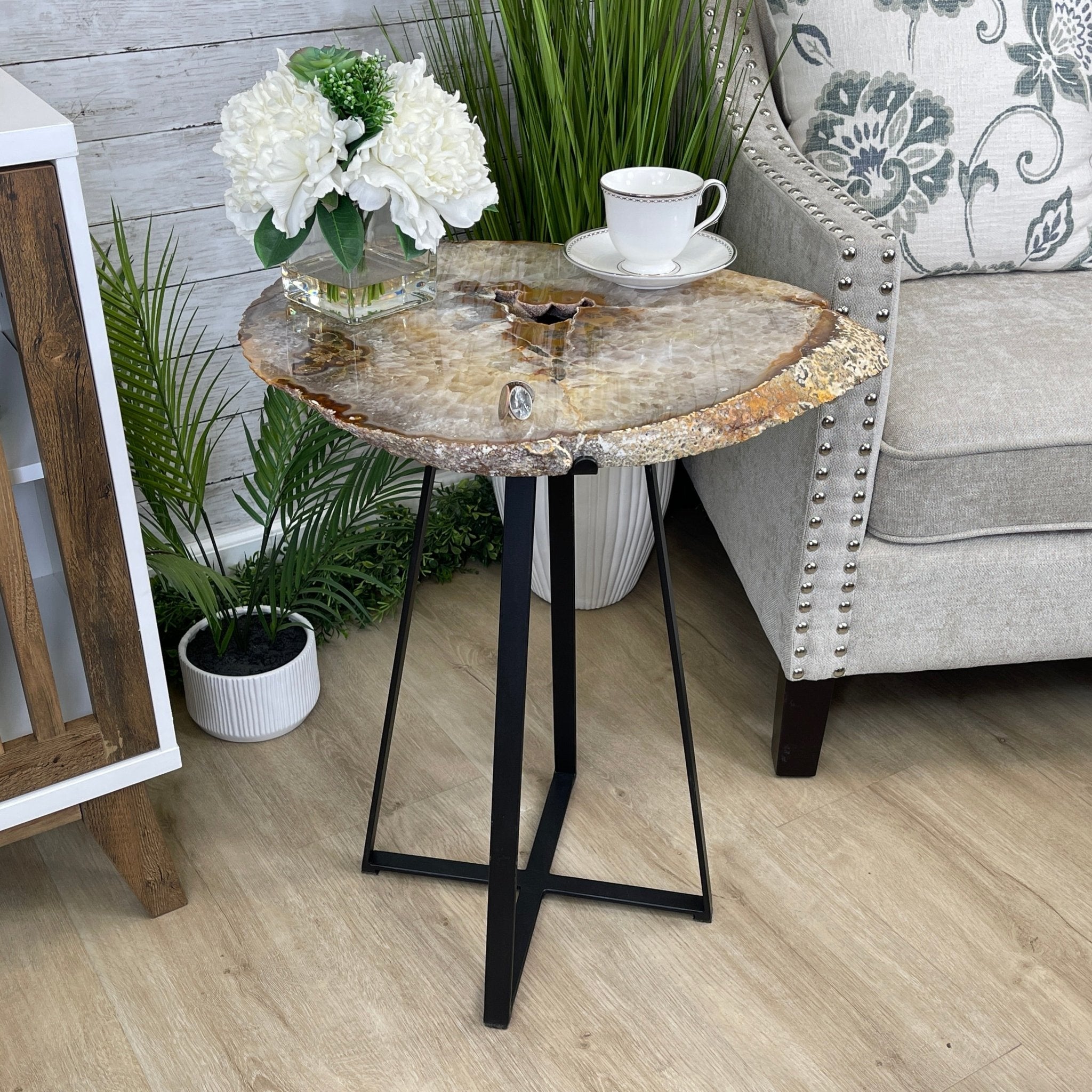Natural Brazilian Agate Side Table, single slice on a black metal base, 24.75" tall #1307-0020 by Brazil Gems - Brazil GemsBrazil GemsNatural Brazilian Agate Side Table, single slice on a black metal base, 24.75" tall #1307-0020 by Brazil GemsTables: Side1307-0020