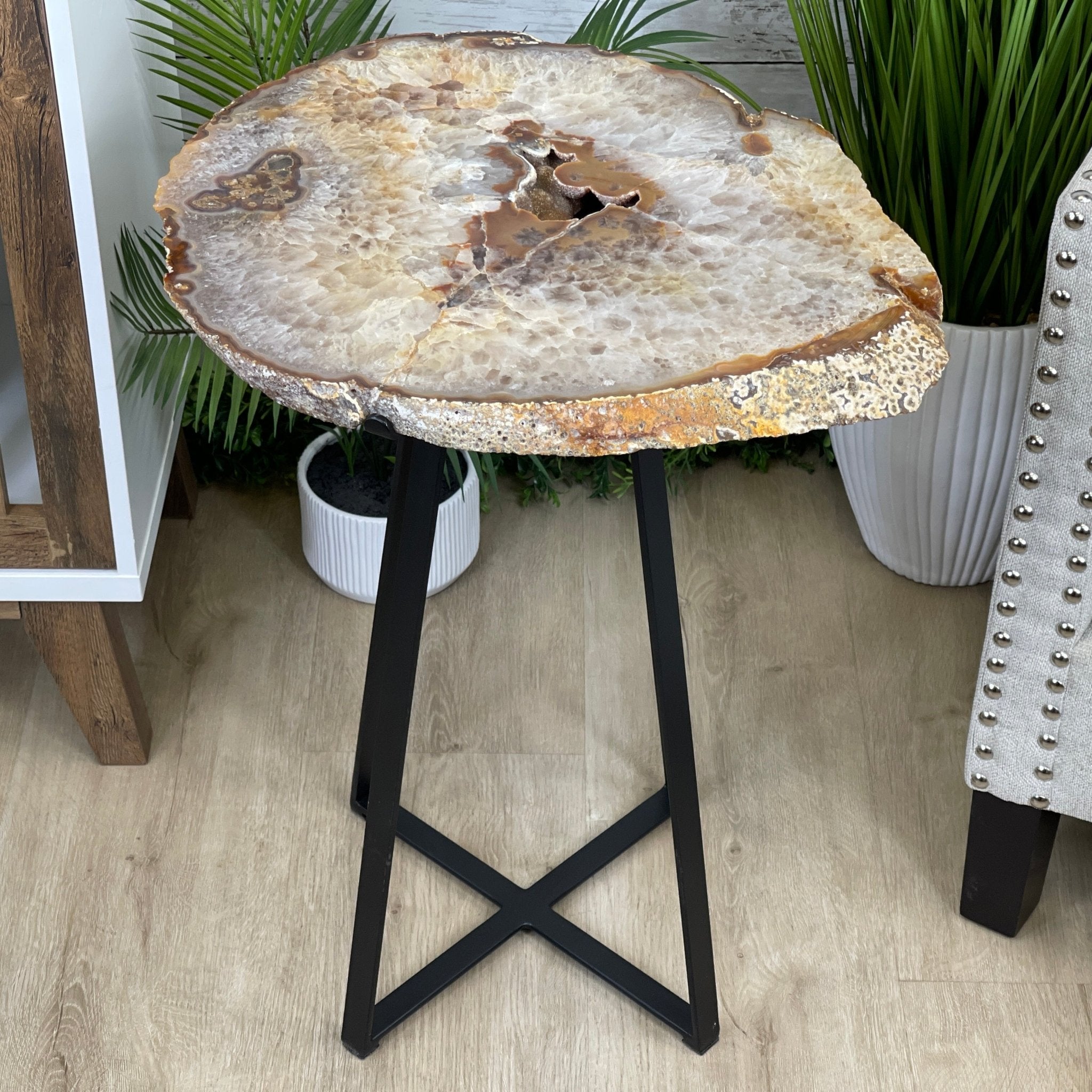 Natural Brazilian Agate Side Table, single slice on a black metal base, 24.75" tall #1307-0020 by Brazil Gems - Brazil GemsBrazil GemsNatural Brazilian Agate Side Table, single slice on a black metal base, 24.75" tall #1307-0020 by Brazil GemsTables: Side1307-0020