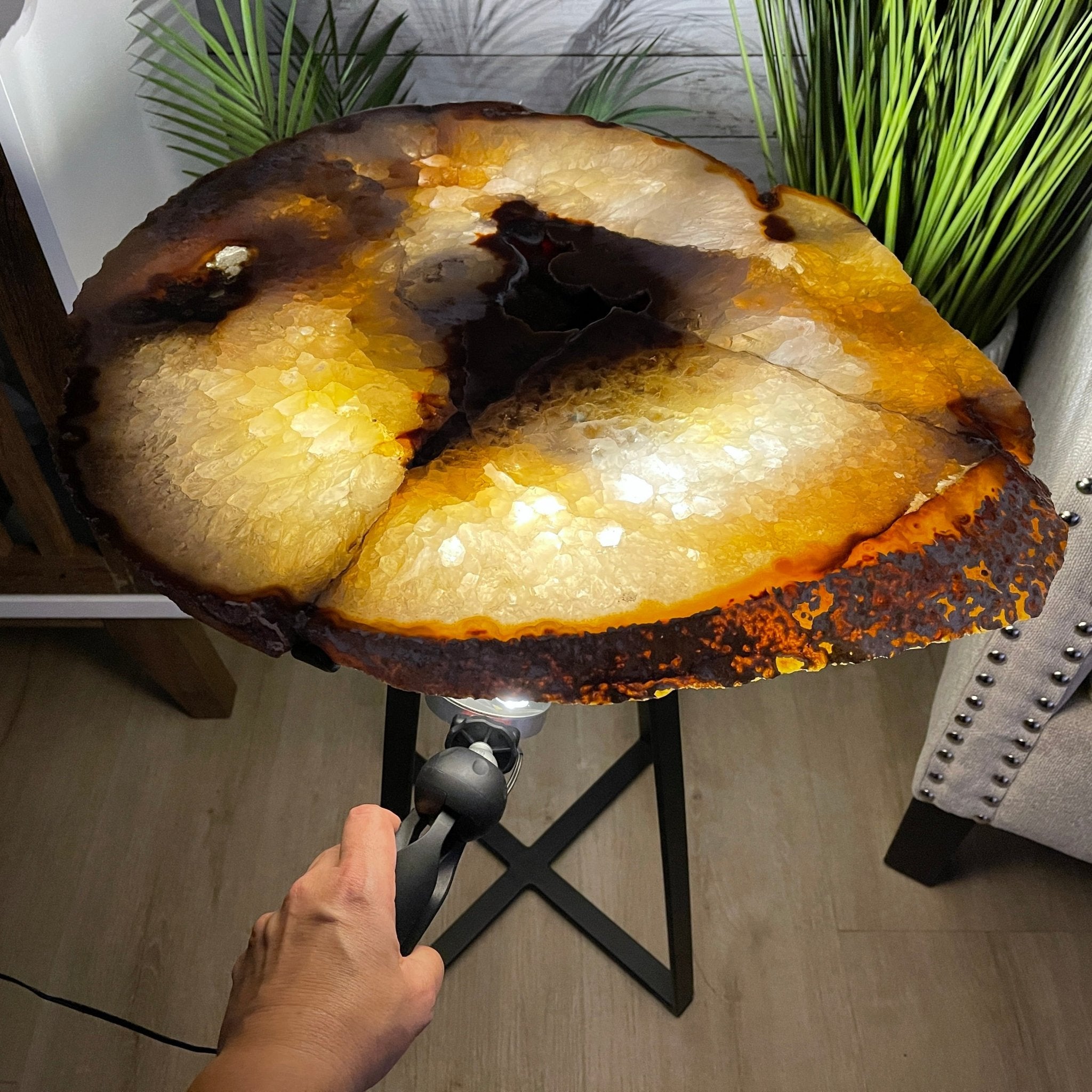 Natural Brazilian Agate Side Table, single slice on a black metal base, 24.75" tall #1307-0020 by Brazil Gems - Brazil GemsBrazil GemsNatural Brazilian Agate Side Table, single slice on a black metal base, 24.75" tall #1307-0020 by Brazil GemsTables: Side1307-0020