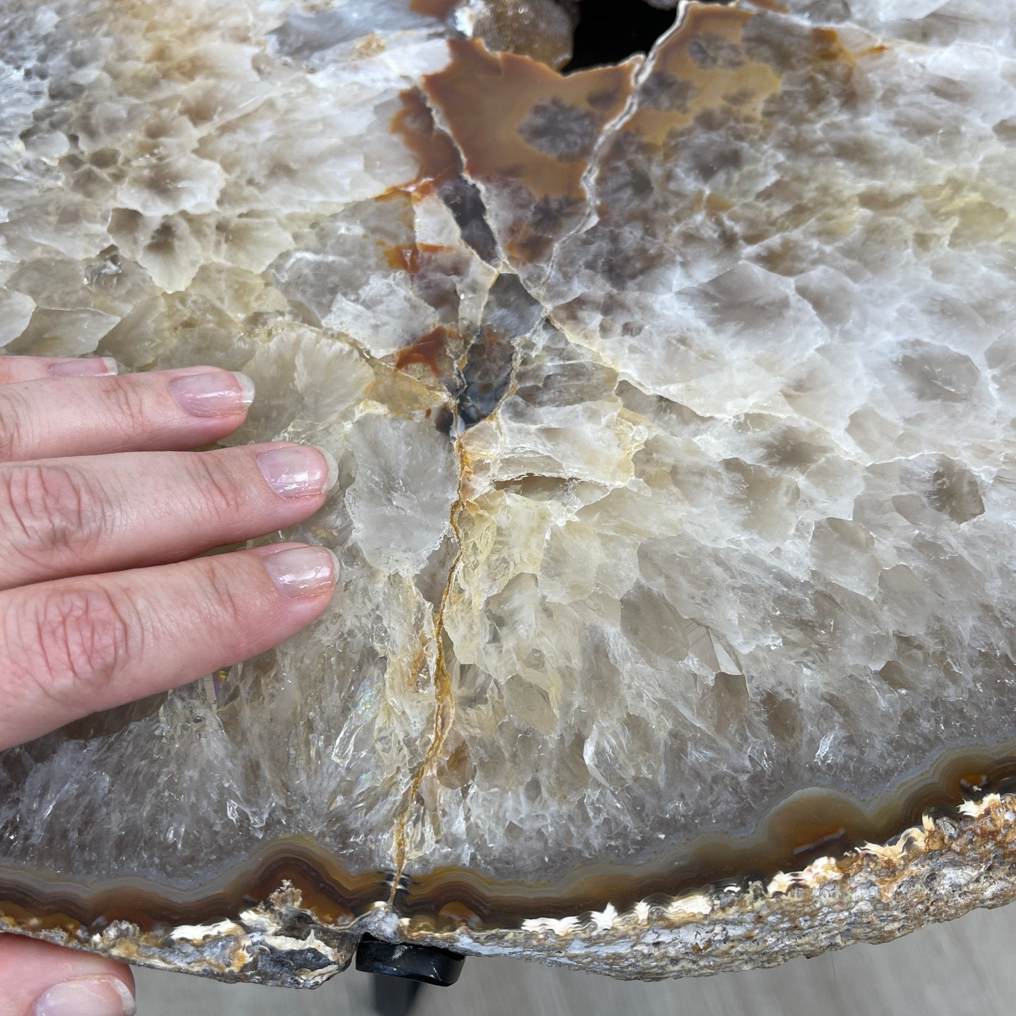 Natural Brazilian Agate Side Table, single slice on a black metal base, 24.75" tall #1307-0020 by Brazil Gems - Brazil GemsBrazil GemsNatural Brazilian Agate Side Table, single slice on a black metal base, 24.75" tall #1307-0020 by Brazil GemsTables: Side1307-0020