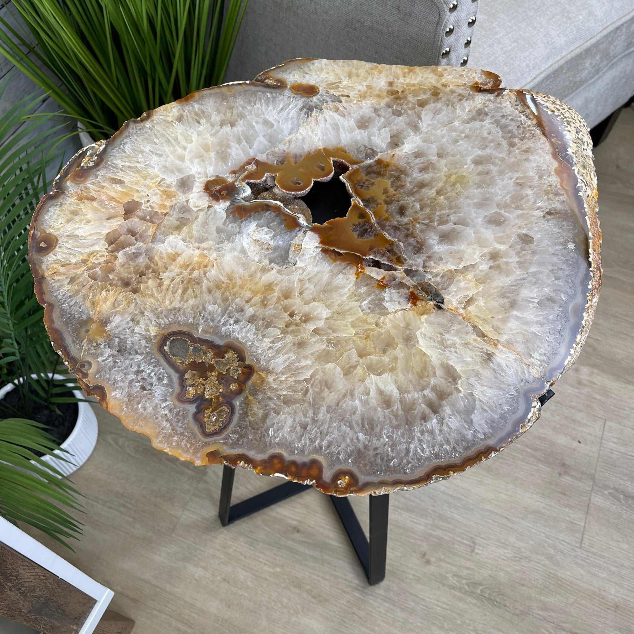 Natural Brazilian Agate Side Table, single slice on a black metal base, 24.75" tall #1307-0020 by Brazil Gems - Brazil GemsBrazil GemsNatural Brazilian Agate Side Table, single slice on a black metal base, 24.75" tall #1307-0020 by Brazil GemsTables: Side1307-0020