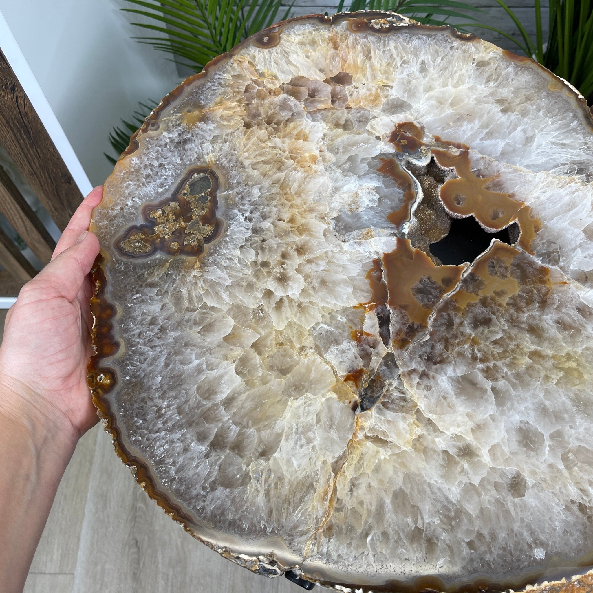 Natural Brazilian Agate Side Table, single slice on a black metal base, 24.75" tall #1307-0020 by Brazil Gems - Brazil GemsBrazil GemsNatural Brazilian Agate Side Table, single slice on a black metal base, 24.75" tall #1307-0020 by Brazil GemsTables: Side1307-0020
