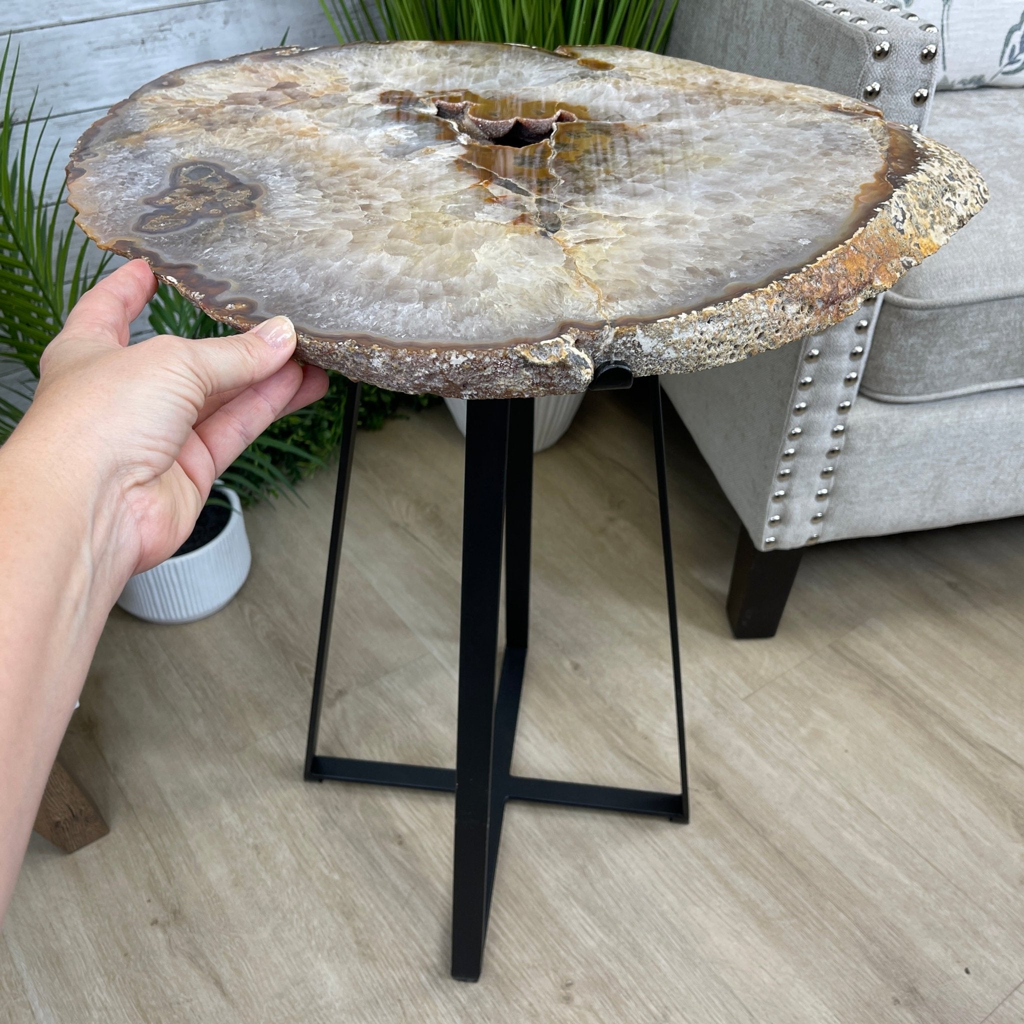 Natural Brazilian Agate Side Table, single slice on a black metal base, 24.75" tall #1307-0020 by Brazil Gems - Brazil GemsBrazil GemsNatural Brazilian Agate Side Table, single slice on a black metal base, 24.75" tall #1307-0020 by Brazil GemsTables: Side1307-0020