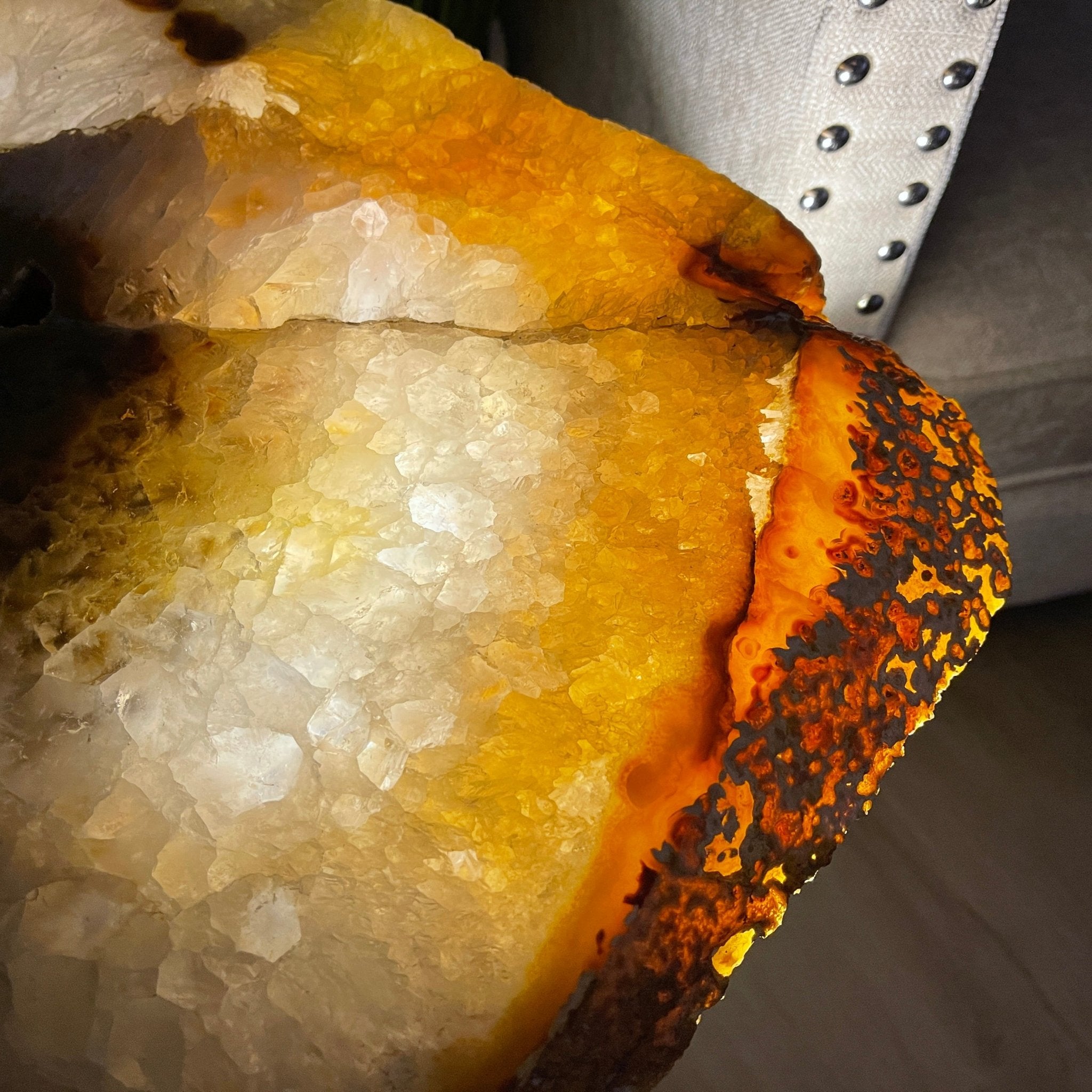 Natural Brazilian Agate Side Table, single slice on a black metal base, 24.75" tall #1307-0020 by Brazil Gems - Brazil GemsBrazil GemsNatural Brazilian Agate Side Table, single slice on a black metal base, 24.75" tall #1307-0020 by Brazil GemsTables: Side1307-0020