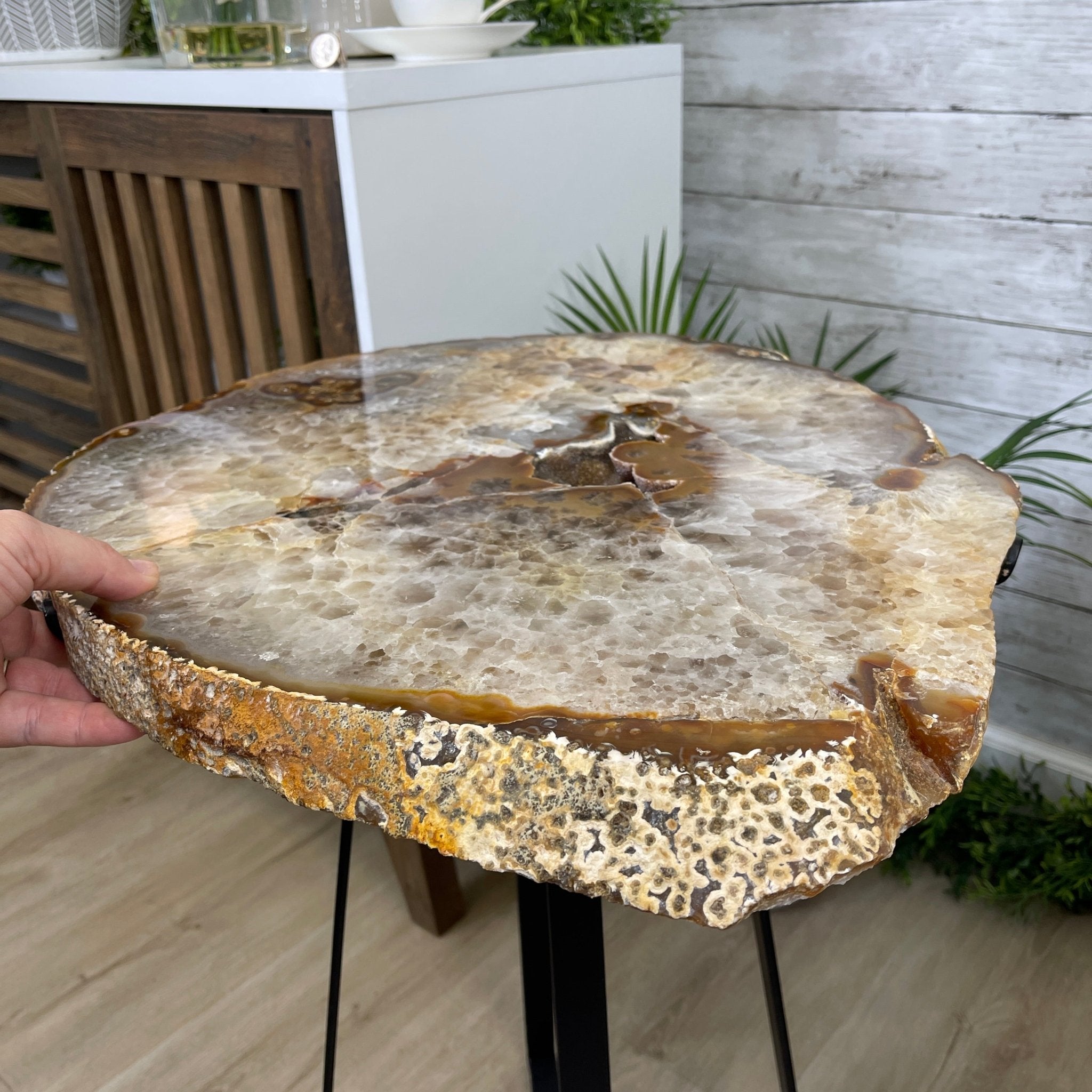 Natural Brazilian Agate Side Table, single slice on a black metal base, 24.75" tall #1307-0020 by Brazil Gems - Brazil GemsBrazil GemsNatural Brazilian Agate Side Table, single slice on a black metal base, 24.75" tall #1307-0020 by Brazil GemsTables: Side1307-0020