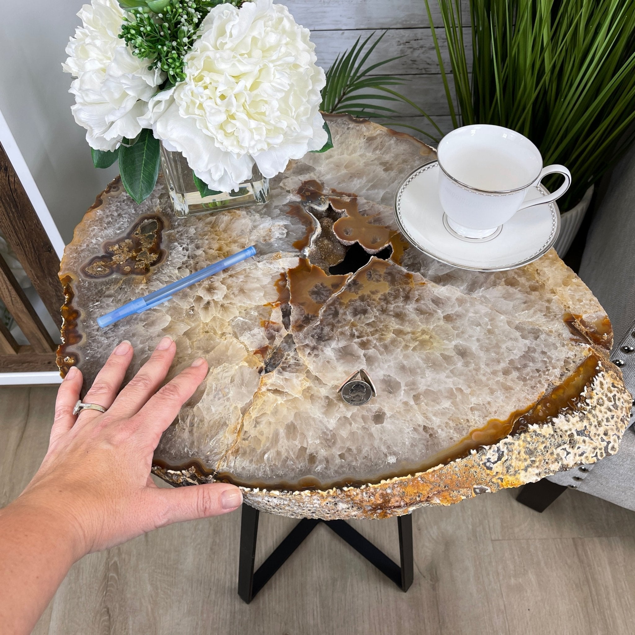 Natural Brazilian Agate Side Table, single slice on a black metal base, 24.75" tall #1307-0020 by Brazil Gems - Brazil GemsBrazil GemsNatural Brazilian Agate Side Table, single slice on a black metal base, 24.75" tall #1307-0020 by Brazil GemsTables: Side1307-0020