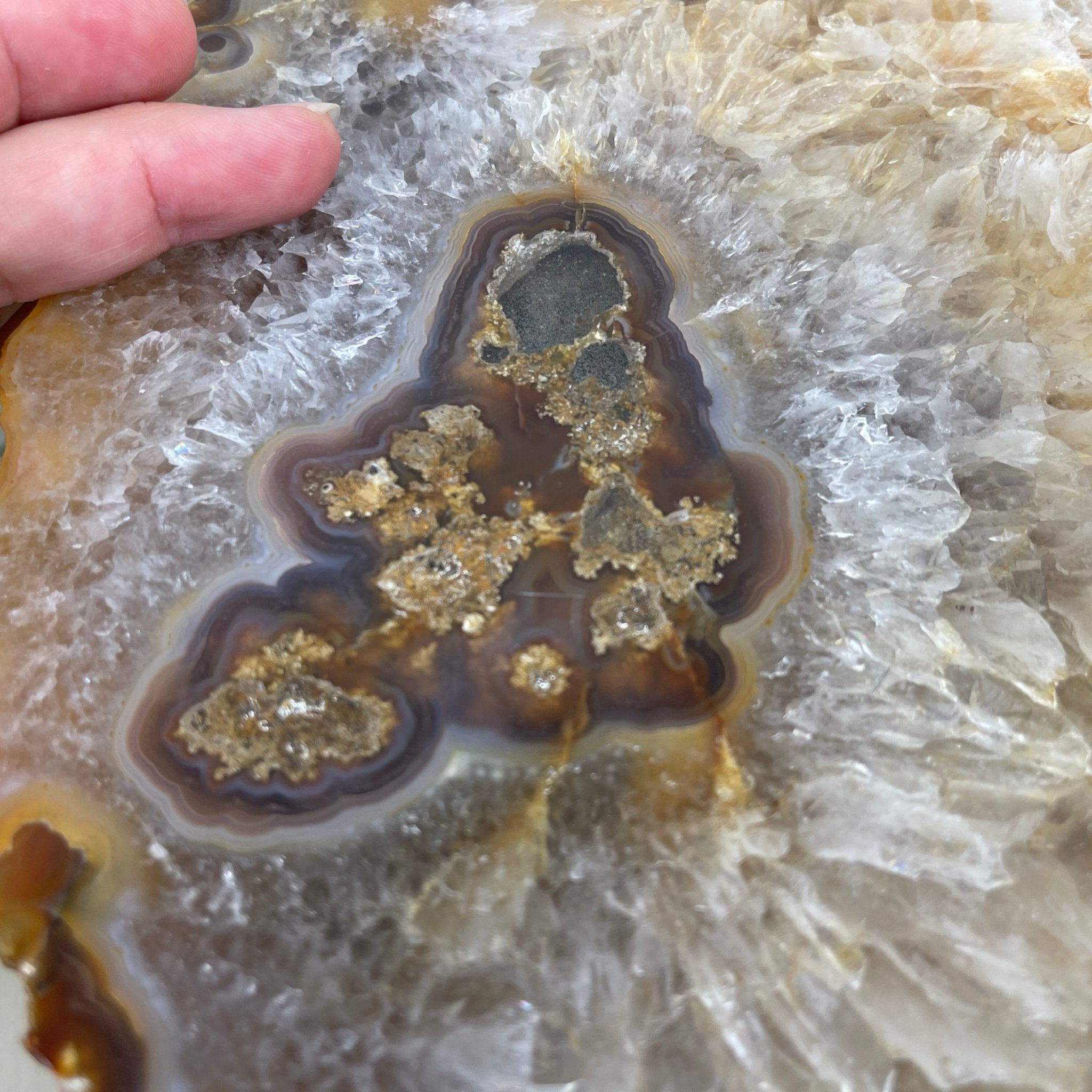 Natural Brazilian Agate Side Table, single slice on a black metal base, 24.75" tall #1307-0020 by Brazil Gems - Brazil GemsBrazil GemsNatural Brazilian Agate Side Table, single slice on a black metal base, 24.75" tall #1307-0020 by Brazil GemsTables: Side1307-0020