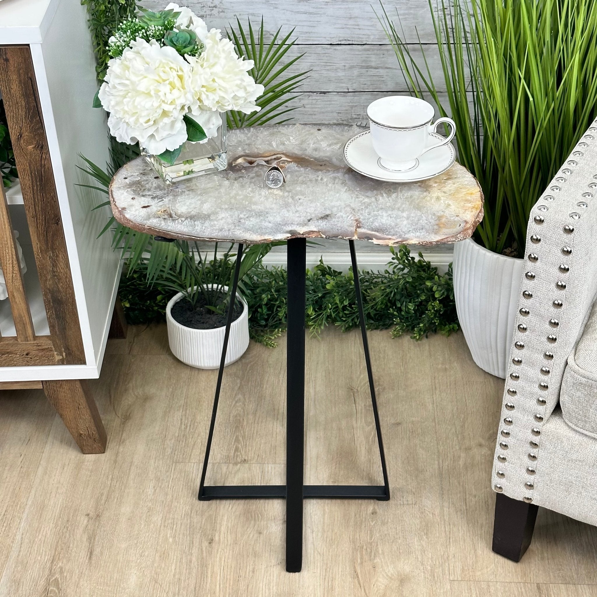 Natural Brazilian Agate Side Table, single slice on a black metal base, 24.75" tall #1307-0023 by Brazil Gems - Brazil GemsBrazil GemsNatural Brazilian Agate Side Table, single slice on a black metal base, 24.75" tall #1307-0023 by Brazil GemsTables: Side1307-0023