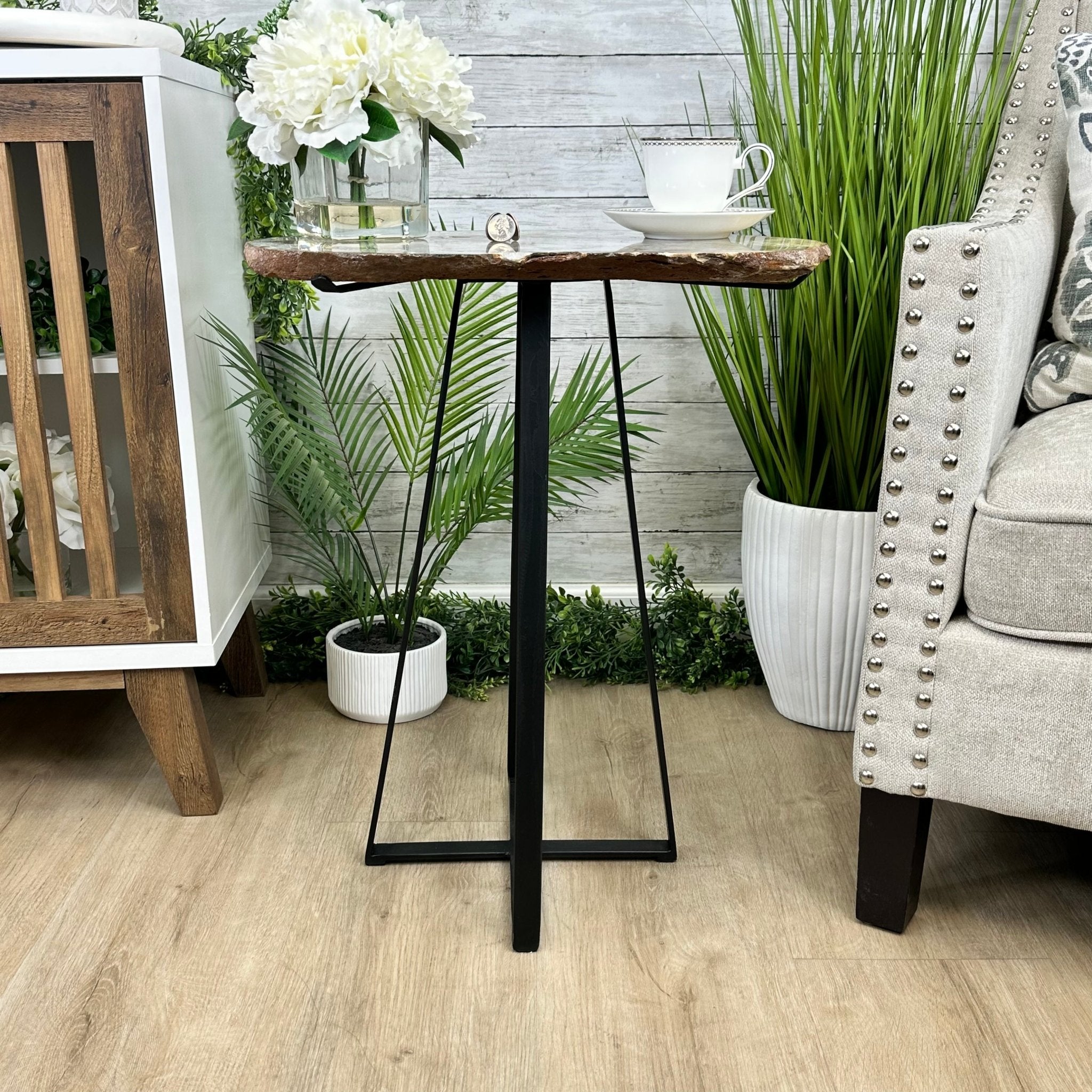 Natural Brazilian Agate Side Table, single slice on a black metal base, 24.75" tall #1307-0023 by Brazil Gems - Brazil GemsBrazil GemsNatural Brazilian Agate Side Table, single slice on a black metal base, 24.75" tall #1307-0023 by Brazil GemsTables: Side1307-0023