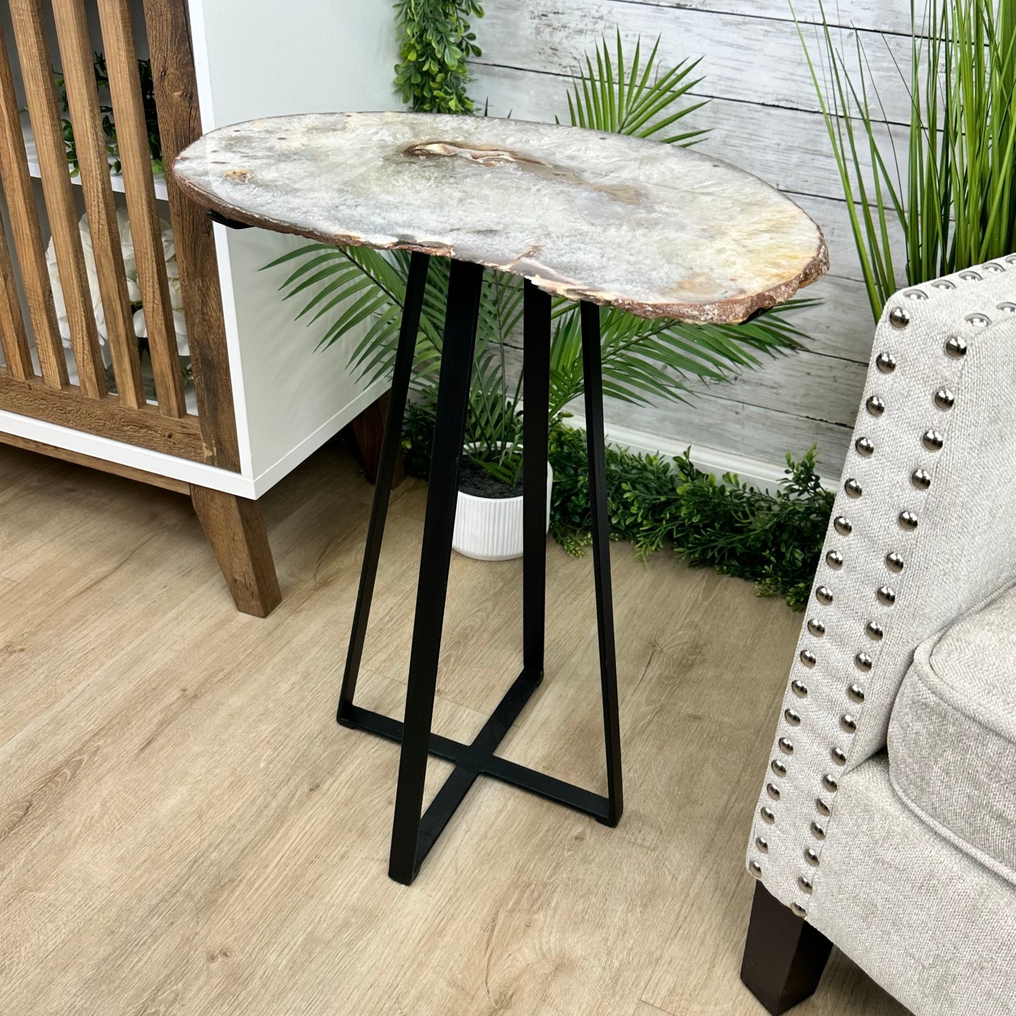 Natural Brazilian Agate Side Table, single slice on a black metal base, 24.75" tall #1307-0023 by Brazil Gems - Brazil GemsBrazil GemsNatural Brazilian Agate Side Table, single slice on a black metal base, 24.75" tall #1307-0023 by Brazil GemsTables: Side1307-0023