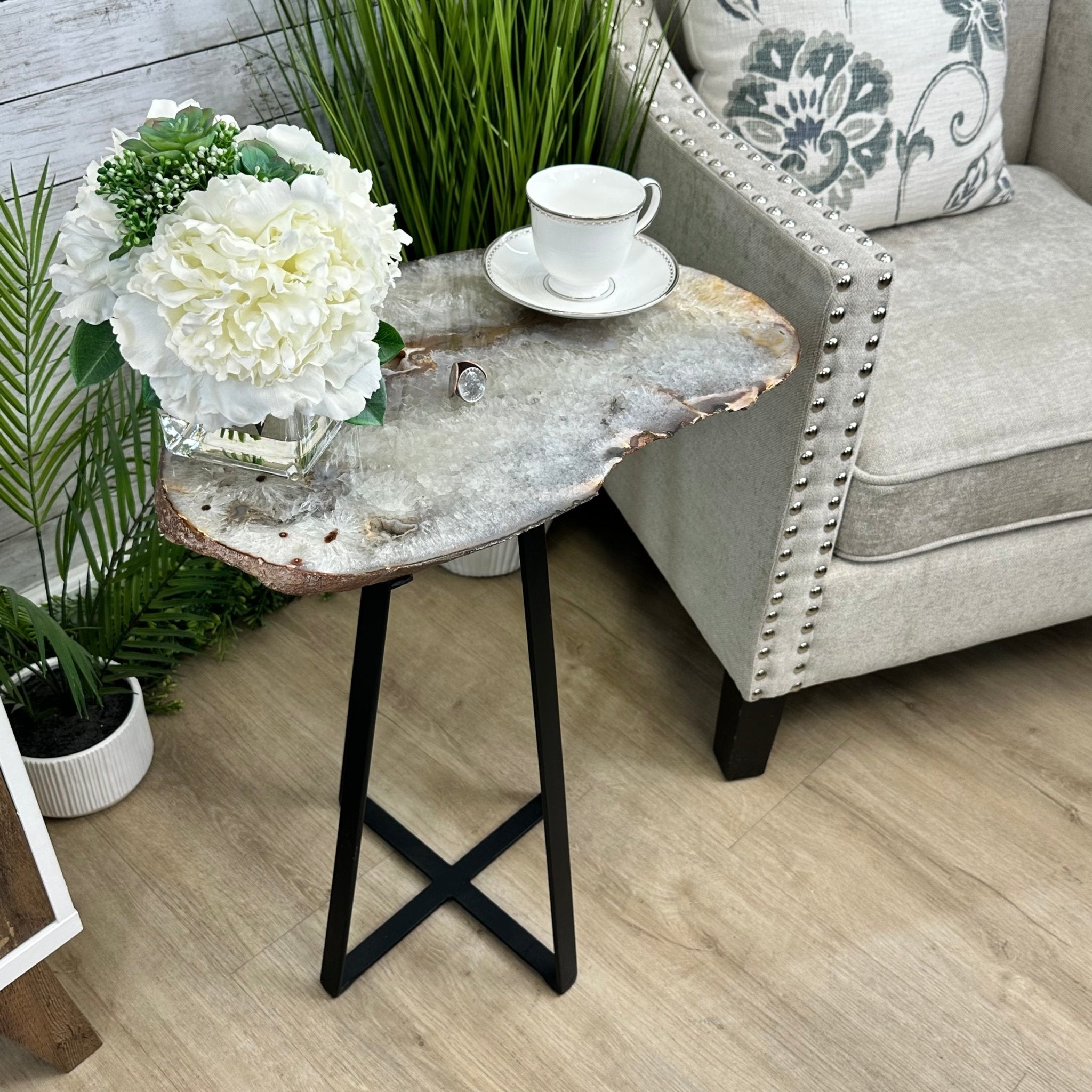 Natural Brazilian Agate Side Table, single slice on a black metal base, 24.75" tall #1307-0023 by Brazil Gems - Brazil GemsBrazil GemsNatural Brazilian Agate Side Table, single slice on a black metal base, 24.75" tall #1307-0023 by Brazil GemsTables: Side1307-0023