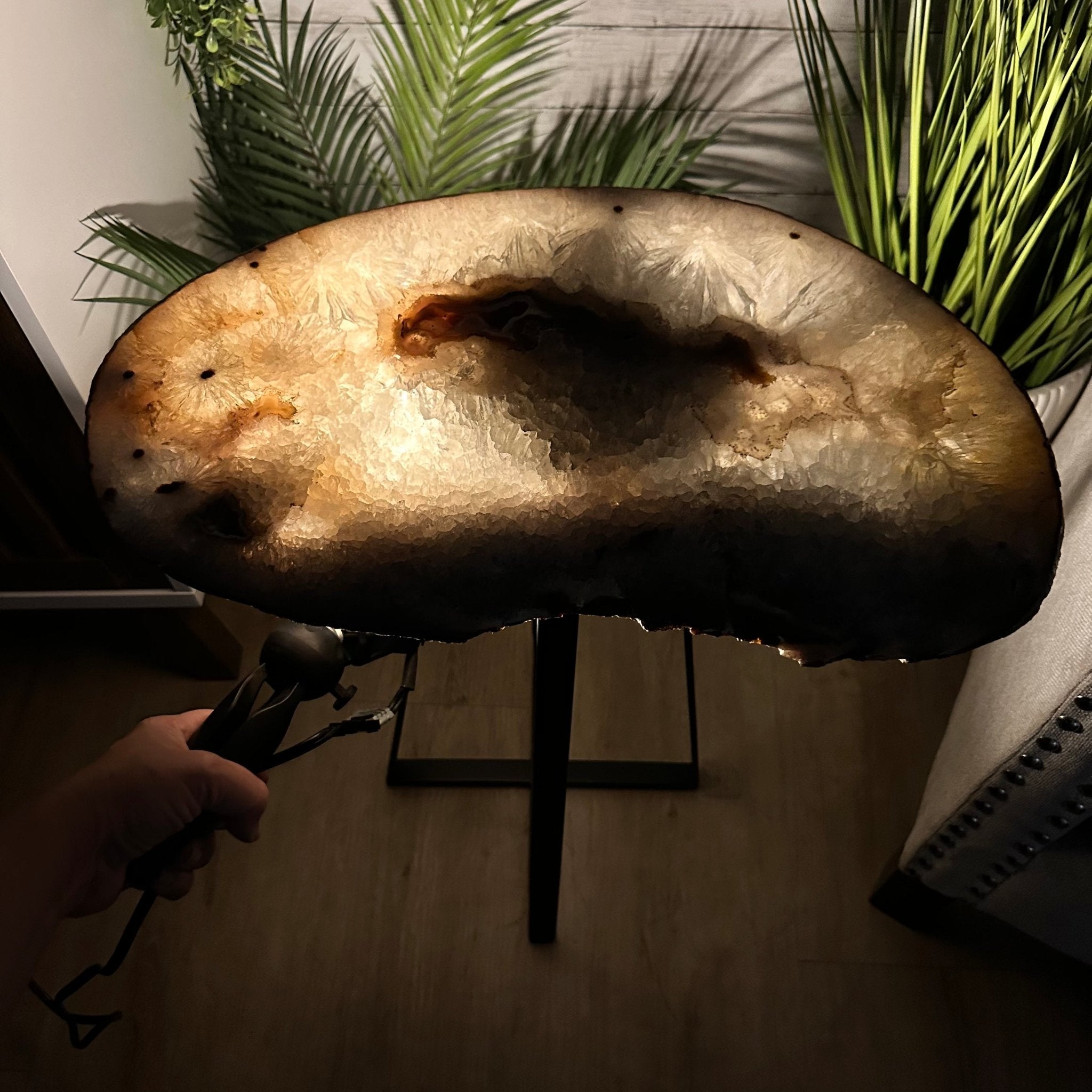 Natural Brazilian Agate Side Table, single slice on a black metal base, 24.75" tall #1307-0023 by Brazil Gems - Brazil GemsBrazil GemsNatural Brazilian Agate Side Table, single slice on a black metal base, 24.75" tall #1307-0023 by Brazil GemsTables: Side1307-0023