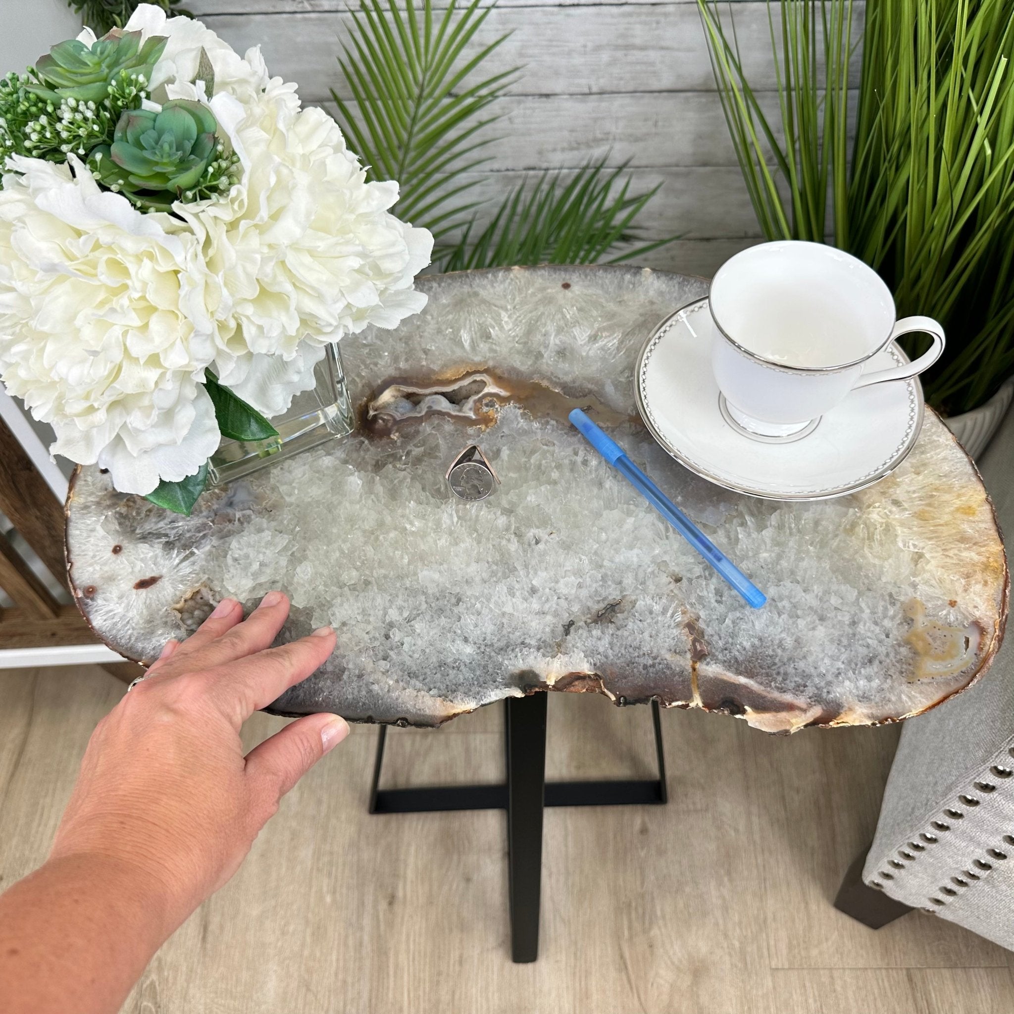 Natural Brazilian Agate Side Table, single slice on a black metal base, 24.75" tall #1307-0023 by Brazil Gems - Brazil GemsBrazil GemsNatural Brazilian Agate Side Table, single slice on a black metal base, 24.75" tall #1307-0023 by Brazil GemsTables: Side1307-0023