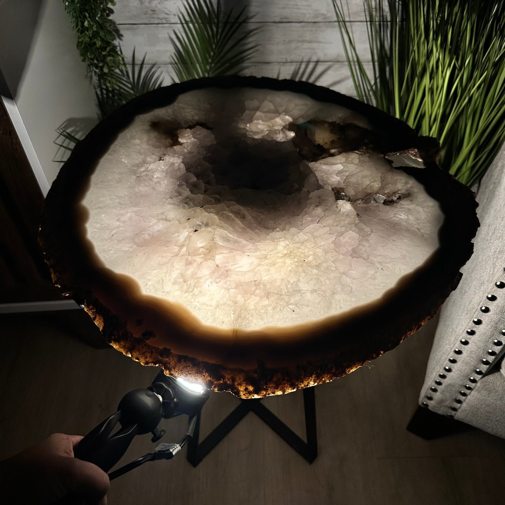 Natural Brazilian Agate Side Table, single slice on a black metal base, 24.75" tall #1307-0026 by Brazil Gems - Brazil GemsBrazil GemsNatural Brazilian Agate Side Table, single slice on a black metal base, 24.75" tall #1307-0026 by Brazil GemsTables: Side1307-0026