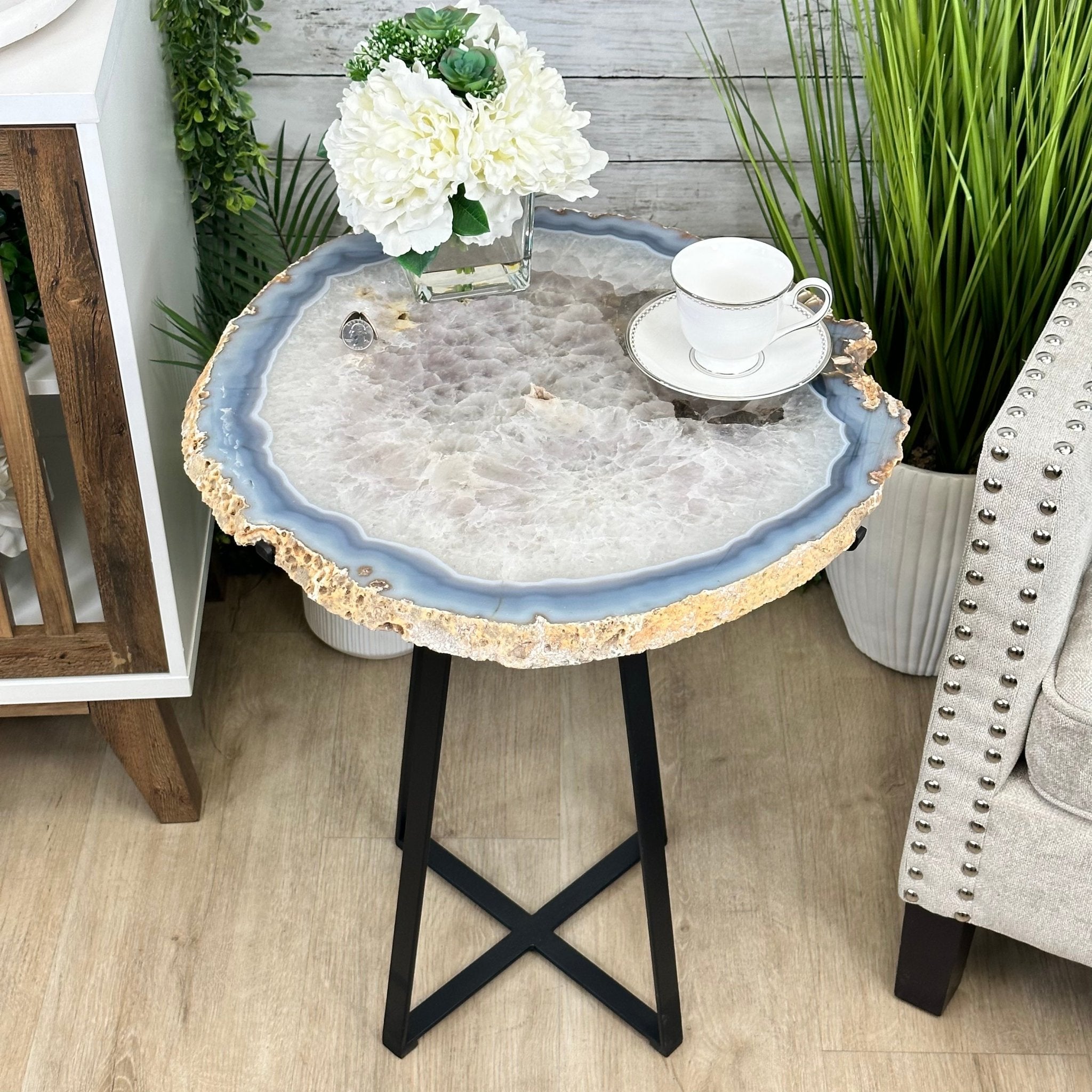 Natural Brazilian Agate Side Table, single slice on a black metal base, 24.75" tall #1307-0026 by Brazil Gems - Brazil GemsBrazil GemsNatural Brazilian Agate Side Table, single slice on a black metal base, 24.75" tall #1307-0026 by Brazil GemsTables: Side1307-0026