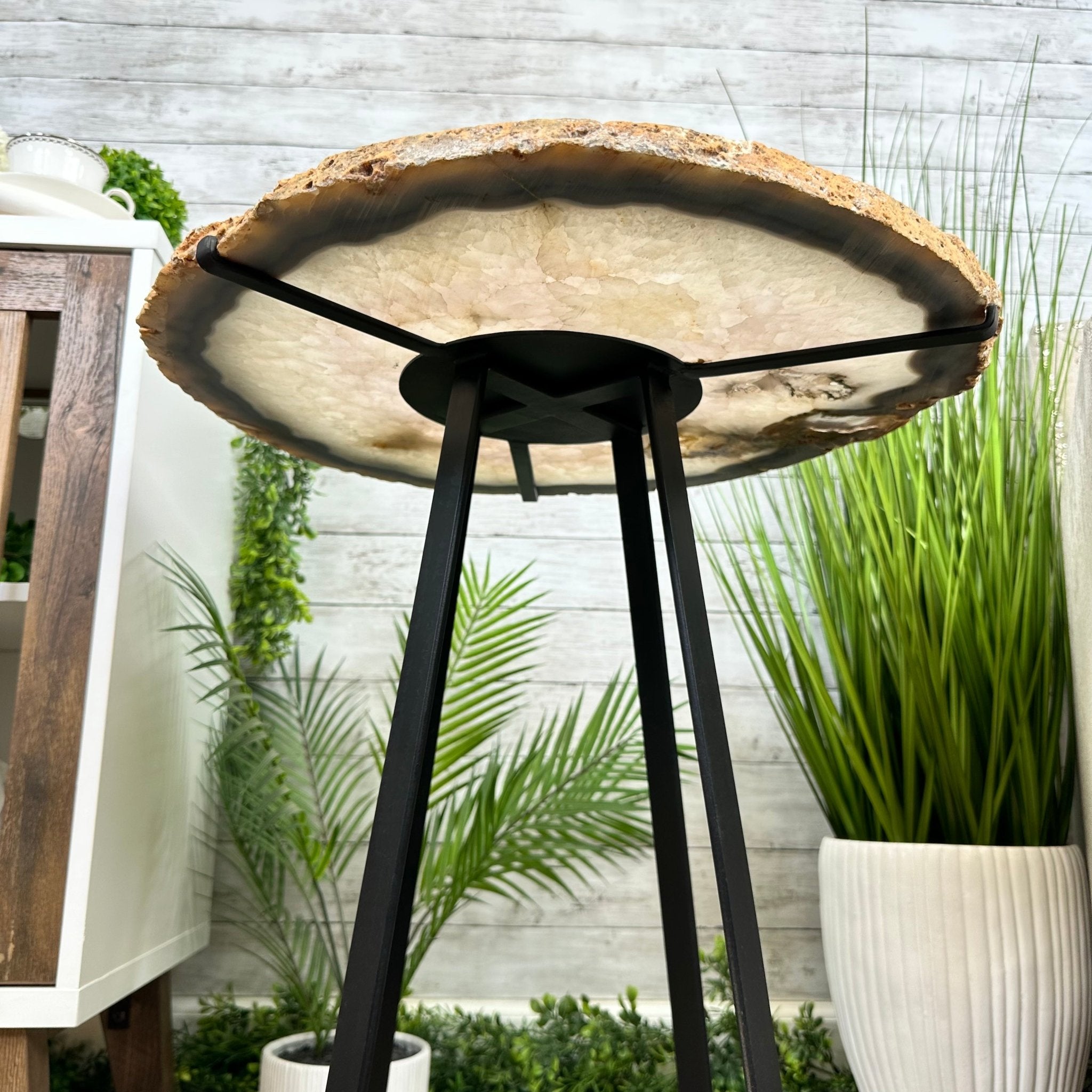 Natural Brazilian Agate Side Table, single slice on a black metal base, 24.75" tall #1307-0026 by Brazil Gems - Brazil GemsBrazil GemsNatural Brazilian Agate Side Table, single slice on a black metal base, 24.75" tall #1307-0026 by Brazil GemsTables: Side1307-0026