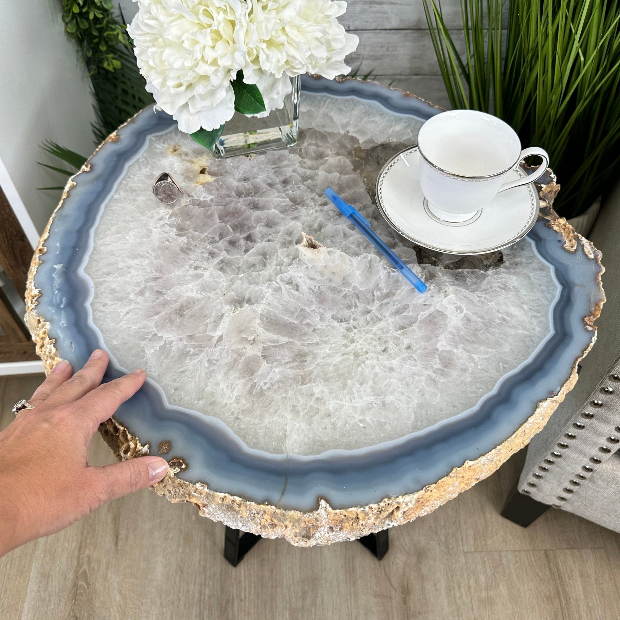 Natural Brazilian Agate Side Table, single slice on a black metal base, 24.75" tall #1307-0026 by Brazil Gems - Brazil GemsBrazil GemsNatural Brazilian Agate Side Table, single slice on a black metal base, 24.75" tall #1307-0026 by Brazil GemsTables: Side1307-0026