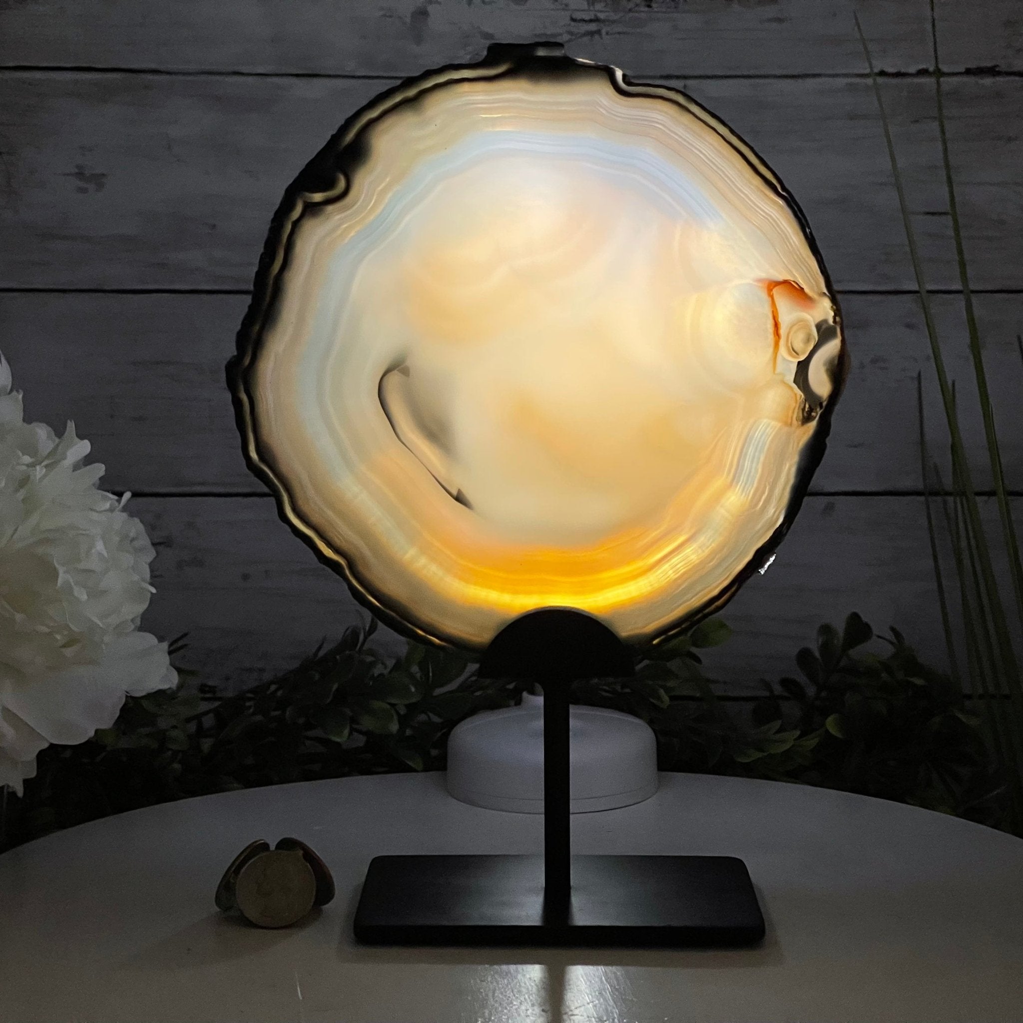 Natural Brazilian Agate Slice on metal base, 10.2" tall Model #5057-0117 by Brazil Gems - Brazil GemsBrazil GemsNatural Brazilian Agate Slice on metal base, 10.2" tall Model #5057-0117 by Brazil GemsSlices on Fixed Bases5057-0117