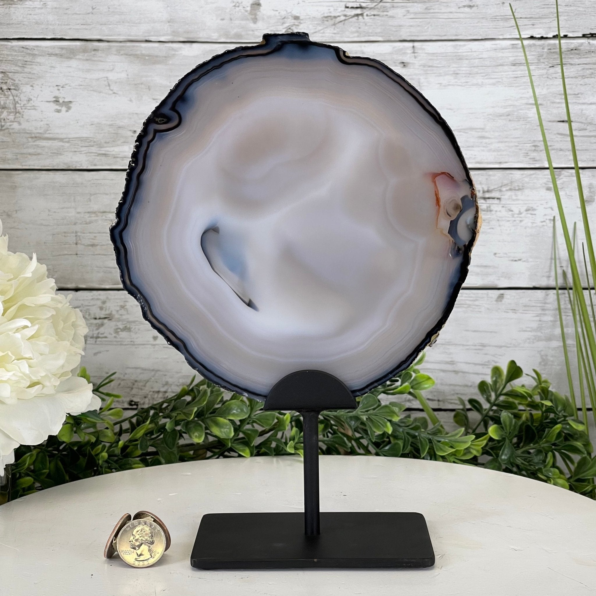Natural Brazilian Agate Slice on metal base, 10.2" tall Model #5057-0117 by Brazil Gems - Brazil GemsBrazil GemsNatural Brazilian Agate Slice on metal base, 10.2" tall Model #5057-0117 by Brazil GemsSlices on Fixed Bases5057-0117