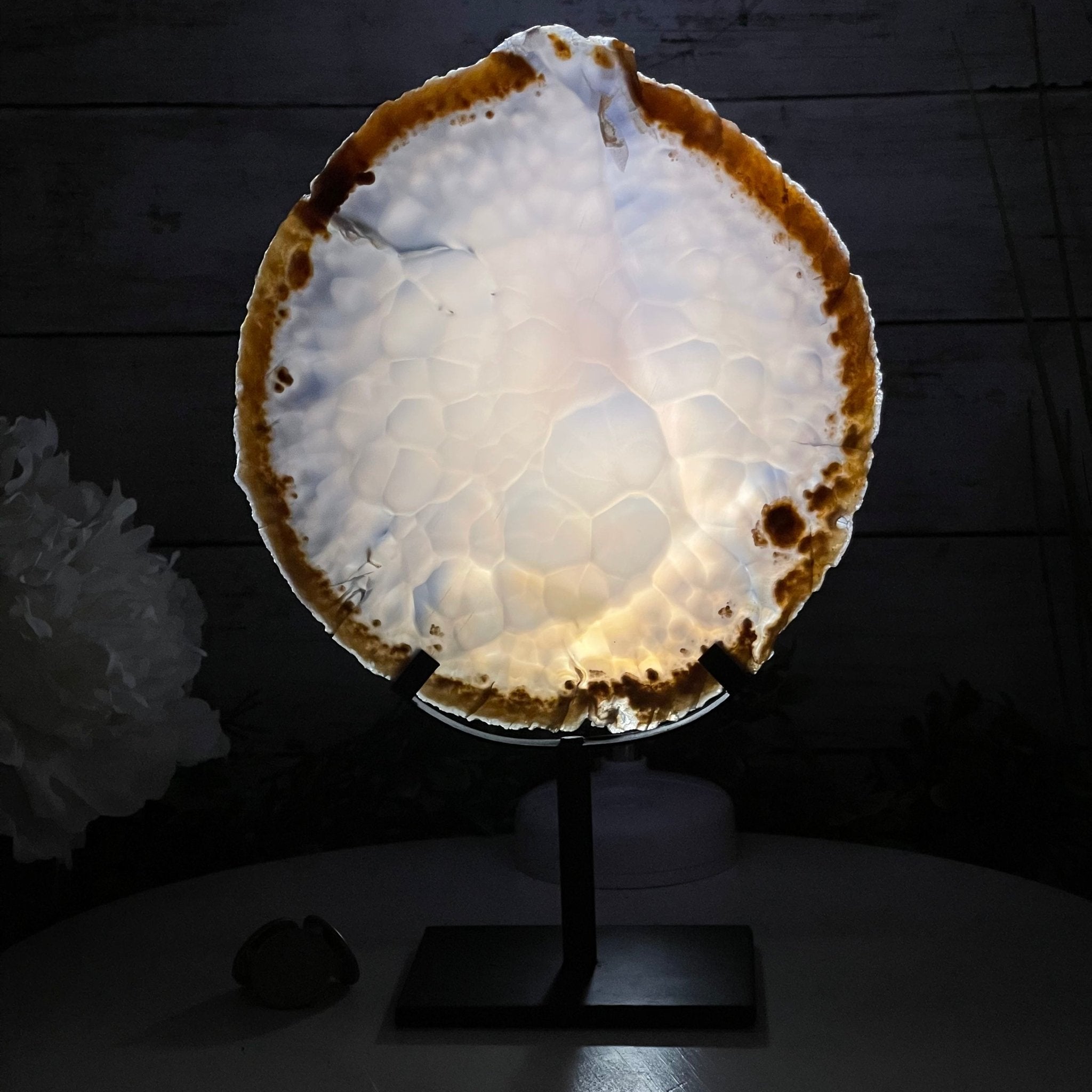 Natural Brazilian Agate Slice on metal base, 11" tall Model #5057-0136 by Brazil Gems - Brazil GemsBrazil GemsNatural Brazilian Agate Slice on metal base, 11" tall Model #5057-0136 by Brazil GemsSlices on Fixed Bases5057-0136