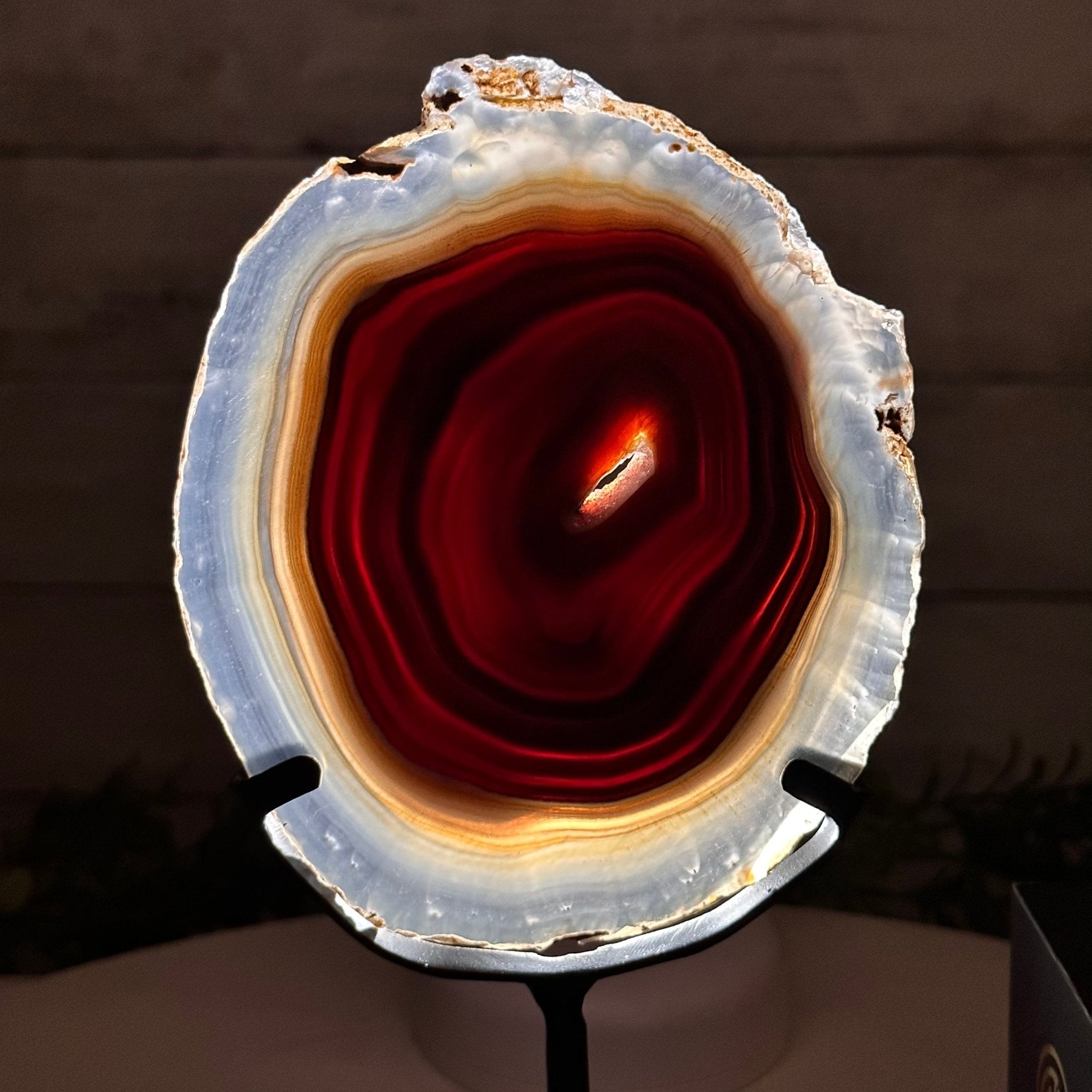 Natural Brazilian Agate Slice on metal base, 7.8" tall Model #5067NA-057 by Brazil Gems - Brazil GemsBrazil GemsNatural Brazilian Agate Slice on metal base, 7.8" tall Model #5067NA-057 by Brazil GemsSlices on Fixed Bases5067NA-057