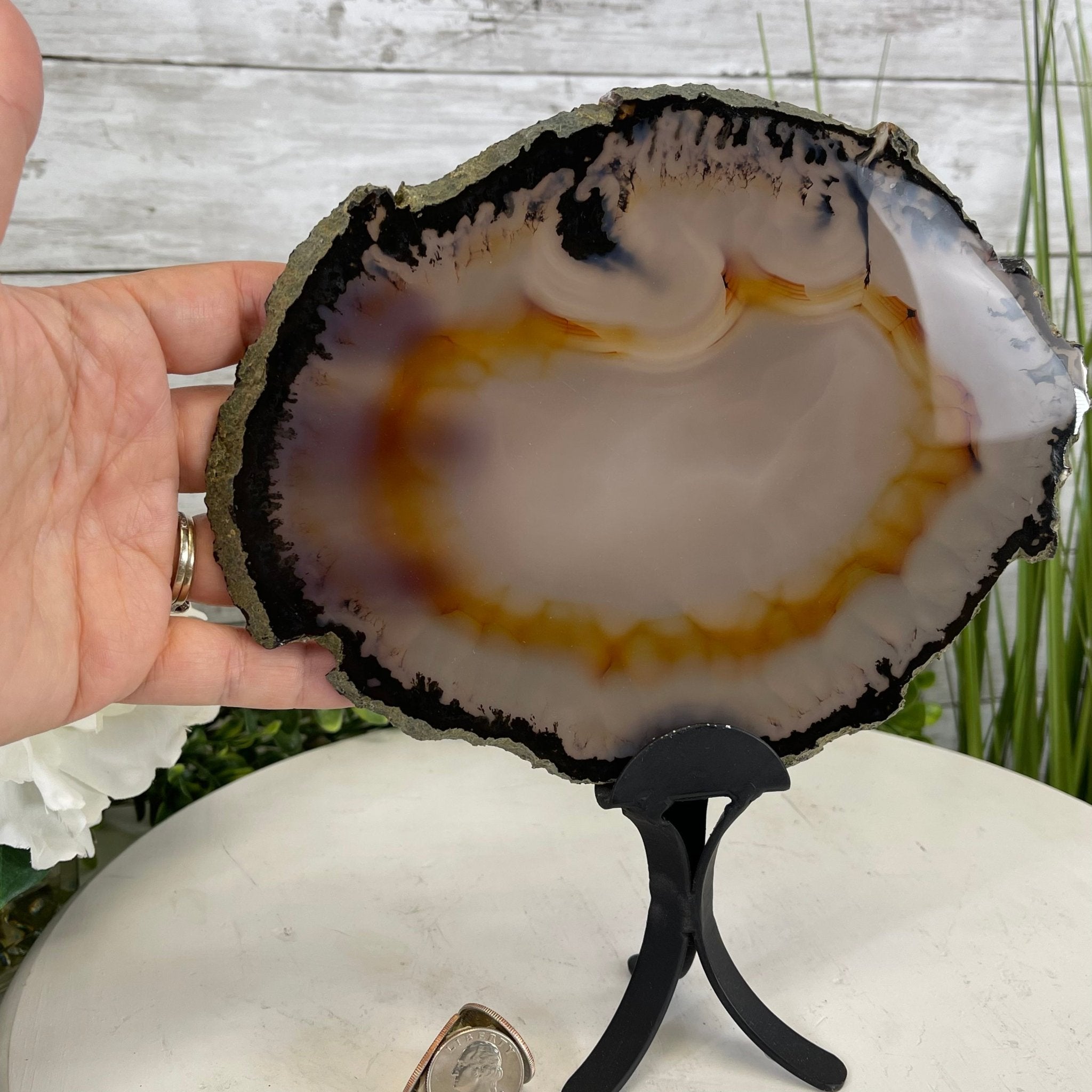Natural Brazilian Agate Slice on metal base, 9.5" tall Model #5057-0103 by Brazil Gems - Brazil GemsBrazil GemsNatural Brazilian Agate Slice on metal base, 9.5" tall Model #5057-0103 by Brazil GemsSlices on Fixed Bases5057-0103