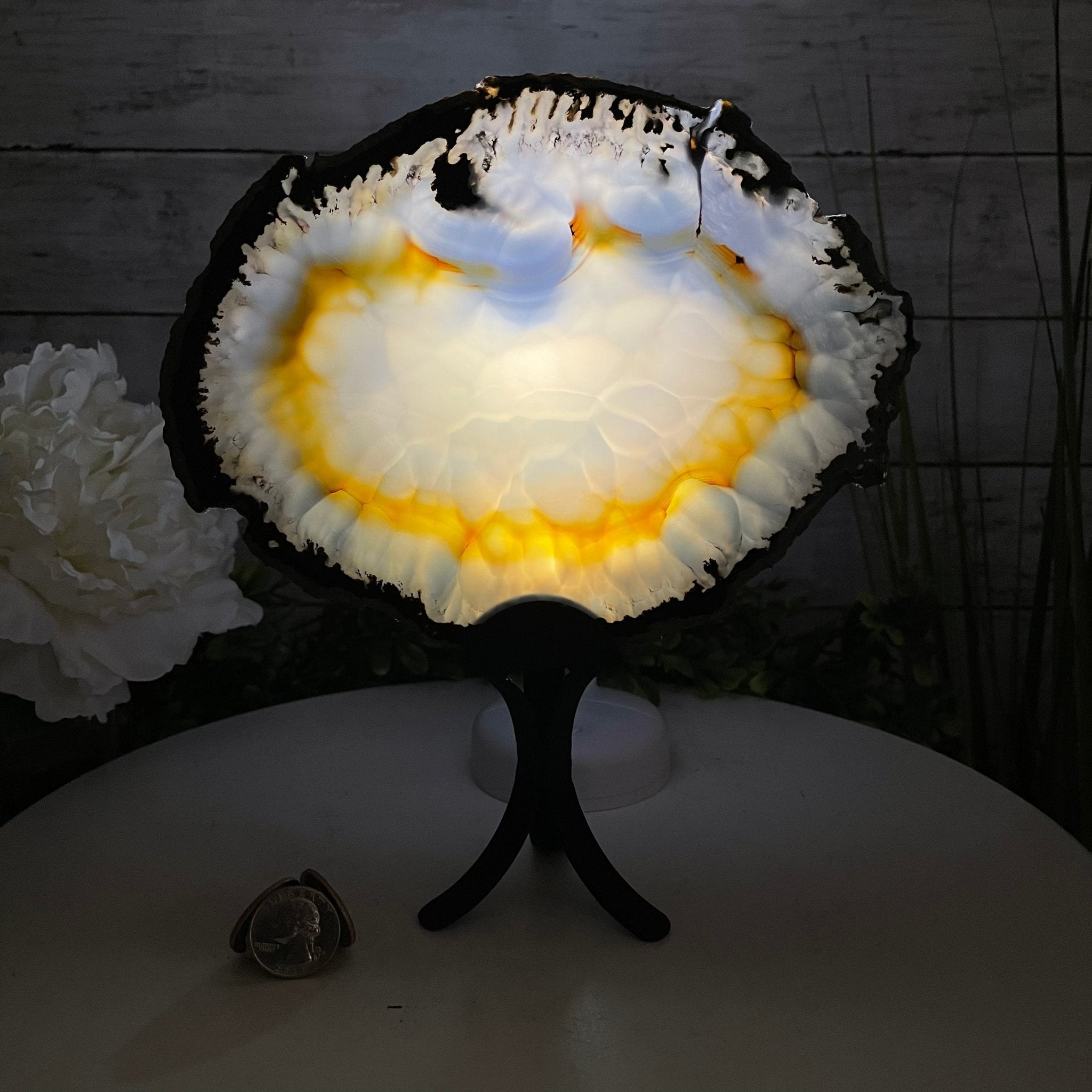 Natural Brazilian Agate Slice on metal base, 9.5" tall Model #5057-0103 by Brazil Gems - Brazil GemsBrazil GemsNatural Brazilian Agate Slice on metal base, 9.5" tall Model #5057-0103 by Brazil GemsSlices on Fixed Bases5057-0103