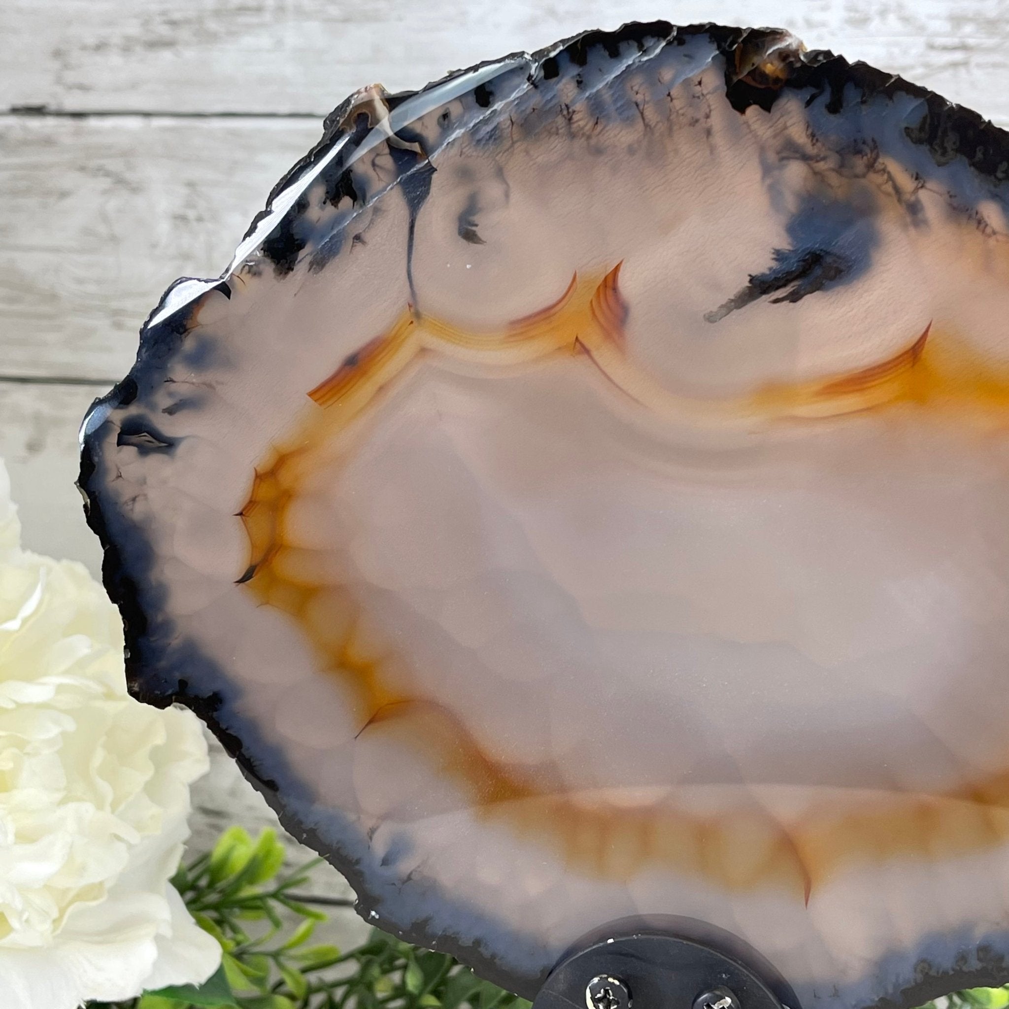 Natural Brazilian Agate Slice on metal base, 9.5" tall Model #5057-0103 by Brazil Gems - Brazil GemsBrazil GemsNatural Brazilian Agate Slice on metal base, 9.5" tall Model #5057-0103 by Brazil GemsSlices on Fixed Bases5057-0103