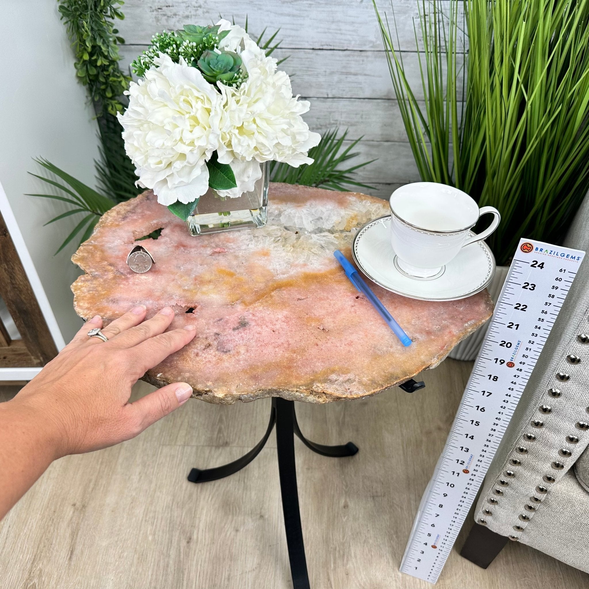 Natural Brazilian Pink Amethyst Side Table on a black metal base, 21.5" tall #1382-0002 by Brazil Gems - Brazil GemsBrazil GemsNatural Brazilian Pink Amethyst Side Table on a black metal base, 21.5" tall #1382-0002 by Brazil GemsTables: Side1382-0002