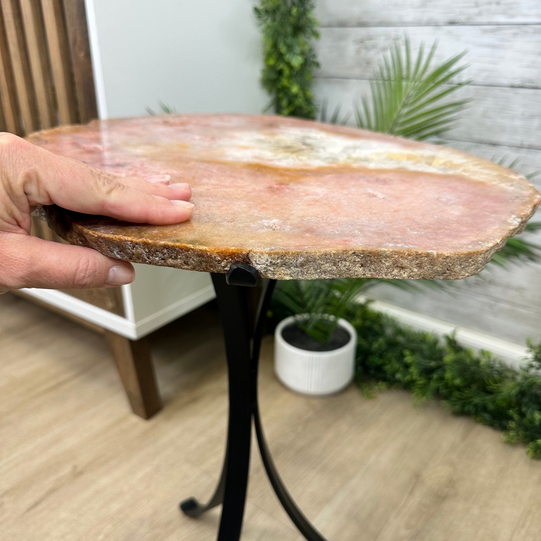 Natural Brazilian Pink Amethyst Side Table on a black metal base, 21.5" tall #1382-0002 by Brazil Gems - Brazil GemsBrazil GemsNatural Brazilian Pink Amethyst Side Table on a black metal base, 21.5" tall #1382-0002 by Brazil GemsTables: Side1382-0002