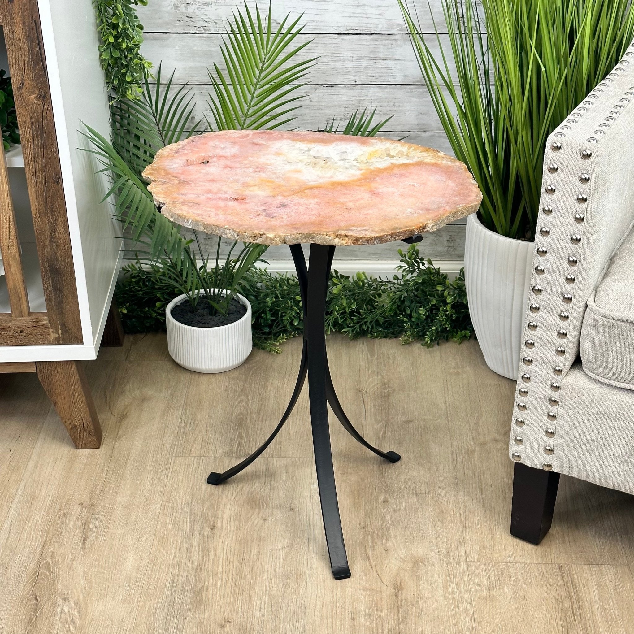 Natural Brazilian Pink Amethyst Side Table on a black metal base, 21.5" tall #1382-0002 by Brazil Gems - Brazil GemsBrazil GemsNatural Brazilian Pink Amethyst Side Table on a black metal base, 21.5" tall #1382-0002 by Brazil GemsTables: Side1382-0002