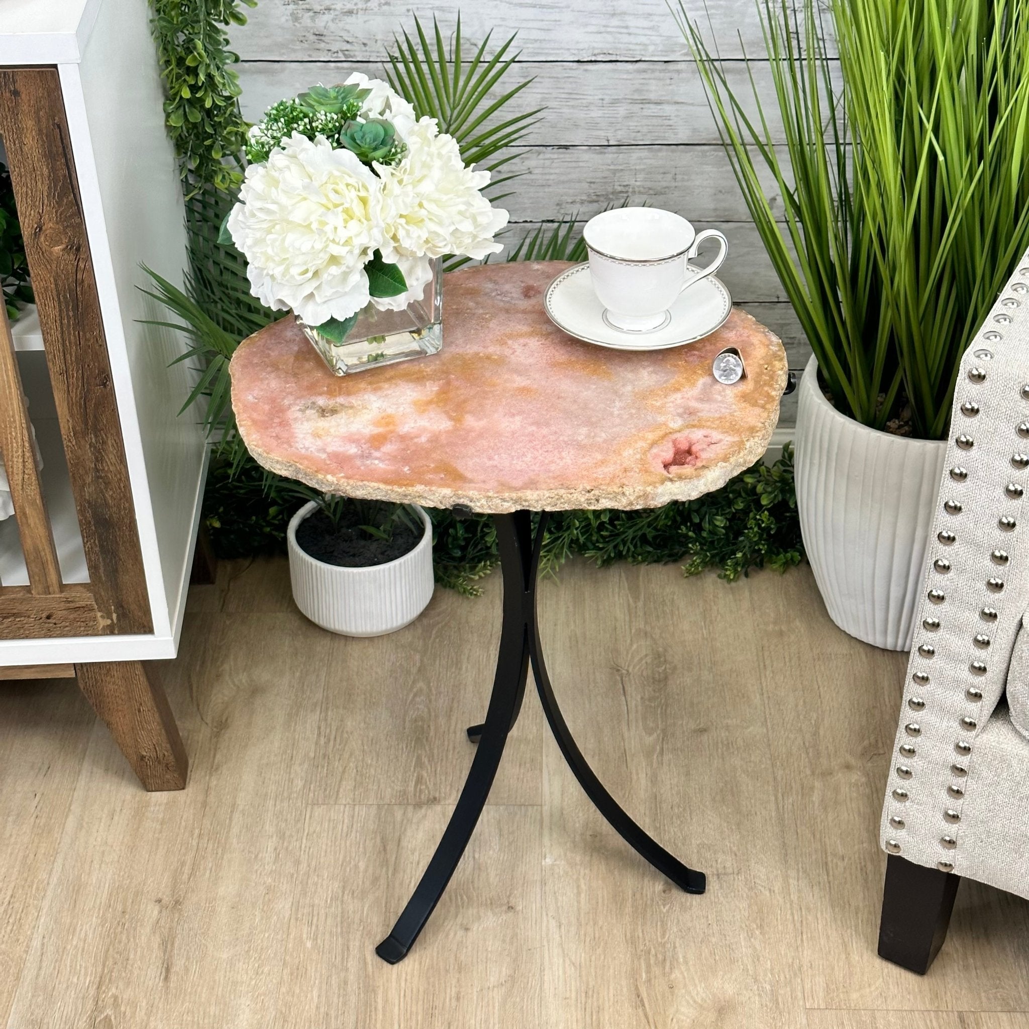 Natural Brazilian Pink Amethyst Side Table on a black metal base, 21.75" tall Model #1382-0003 by Brazil Gems - Brazil GemsBrazil GemsNatural Brazilian Pink Amethyst Side Table on a black metal base, 21.75" tall Model #1382-0003 by Brazil GemsTables: Side1382-0003