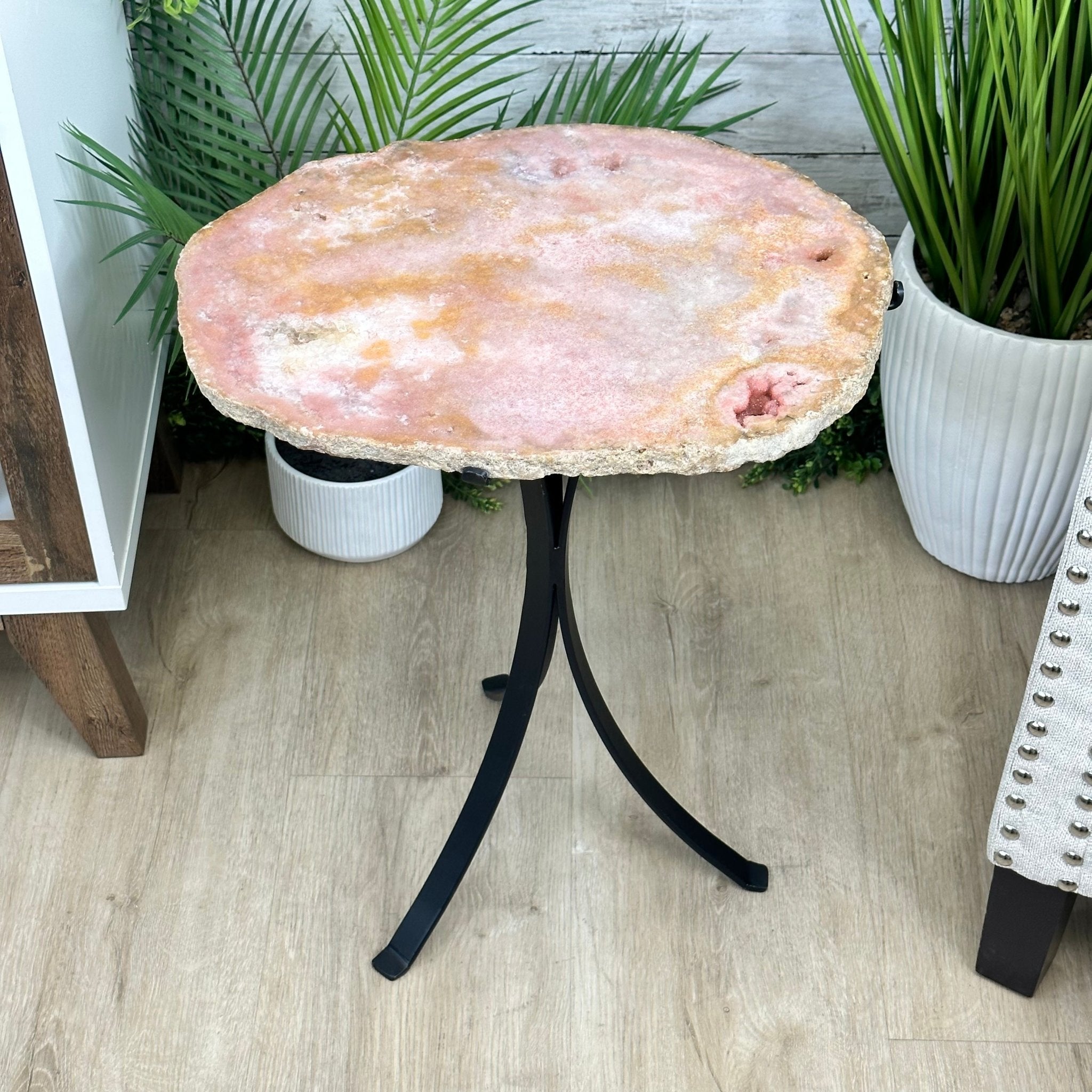 Natural Brazilian Pink Amethyst Side Table on a black metal base, 21.75" tall Model #1382-0003 by Brazil Gems - Brazil GemsBrazil GemsNatural Brazilian Pink Amethyst Side Table on a black metal base, 21.75" tall Model #1382-0003 by Brazil GemsTables: Side1382-0003