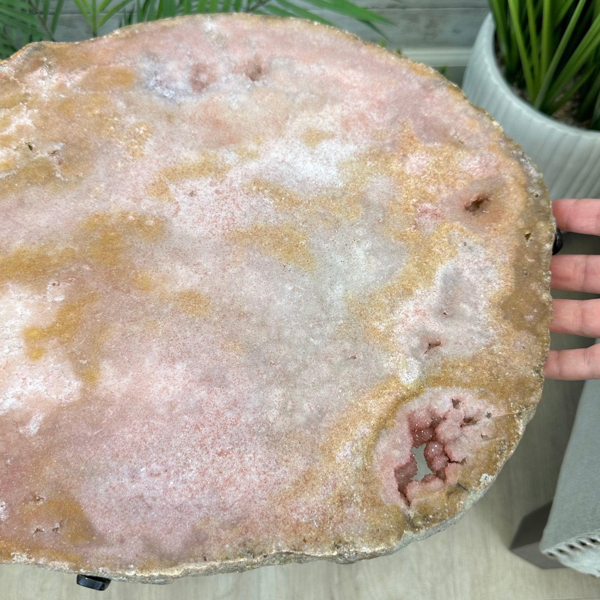 Natural Brazilian Pink Amethyst Side Table on a black metal base, 21.75" tall Model #1382-0003 by Brazil Gems - Brazil GemsBrazil GemsNatural Brazilian Pink Amethyst Side Table on a black metal base, 21.75" tall Model #1382-0003 by Brazil GemsTables: Side1382-0003