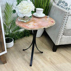 Natural Brazilian Pink Amethyst Side Table on a black metal base, 21.75" tall Model #1382-0003 by Brazil Gems - Brazil GemsBrazil GemsNatural Brazilian Pink Amethyst Side Table on a black metal base, 21.75" tall Model #1382-0003 by Brazil GemsTables: Side1382-0003